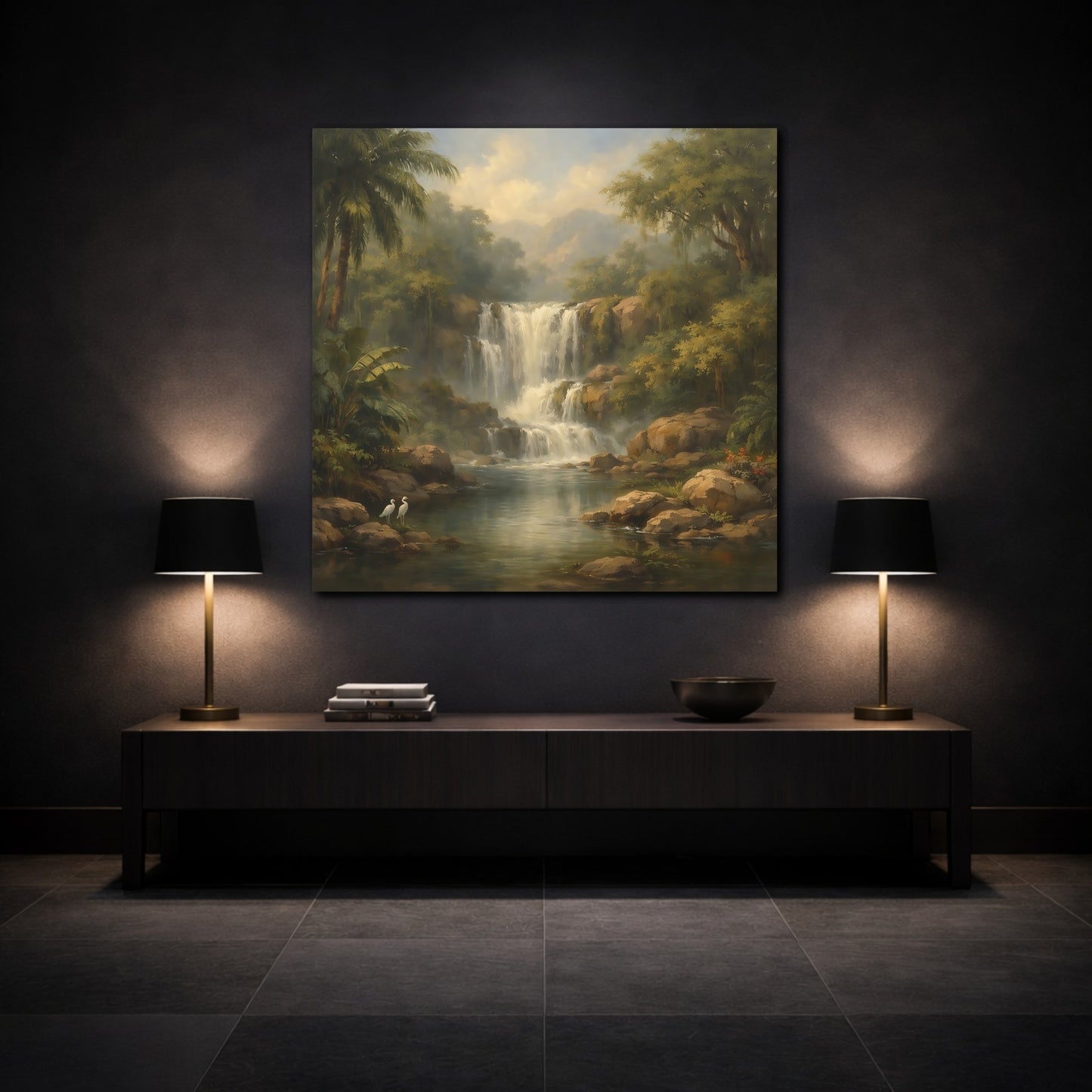 Mockup 3. Nature Waterfall Green Jungle Waterfall shown as stretched canvas wall art