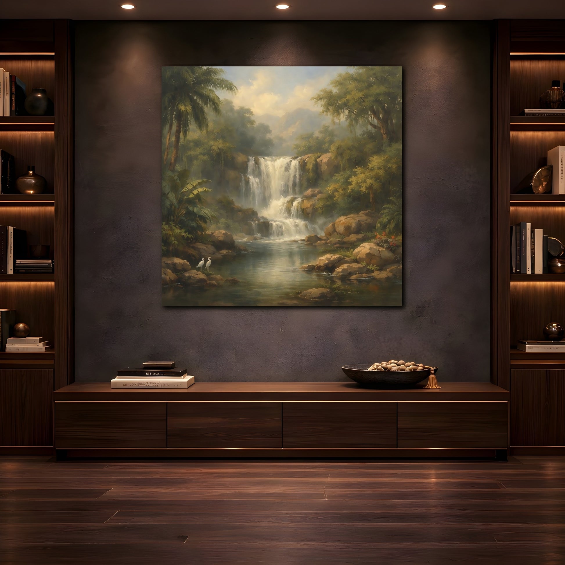 Mockup 4. Nature Waterfall Green Jungle Waterfall shown as stretched canvas wall art