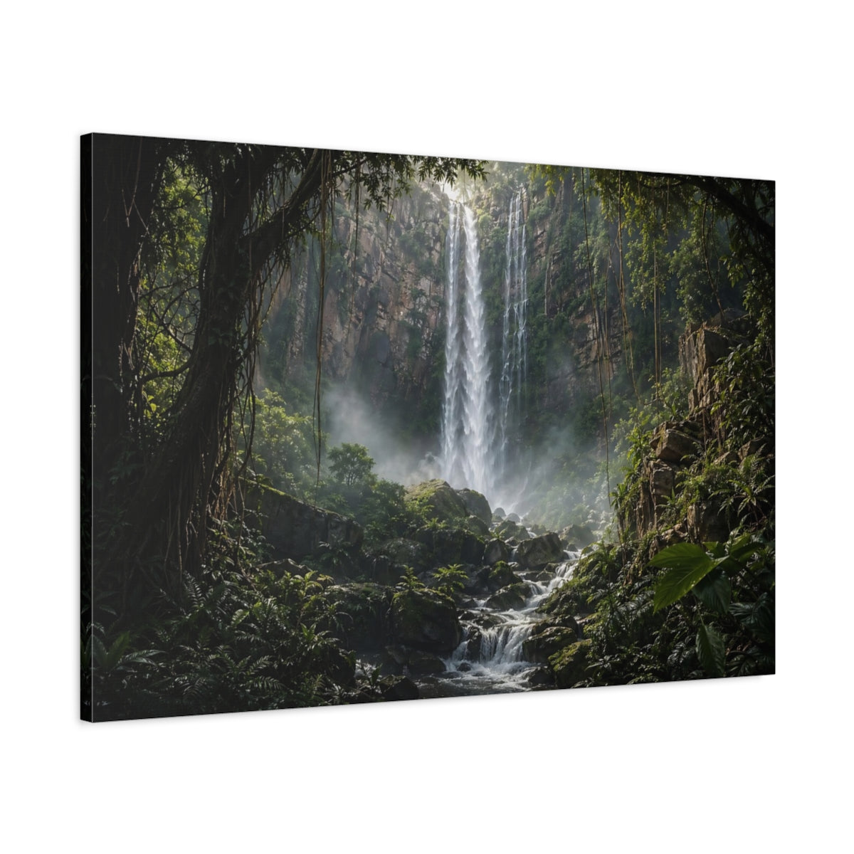 Main Mockup. Nature Waterfall Green Waterfall Jungle shown as stretched canvas wall art