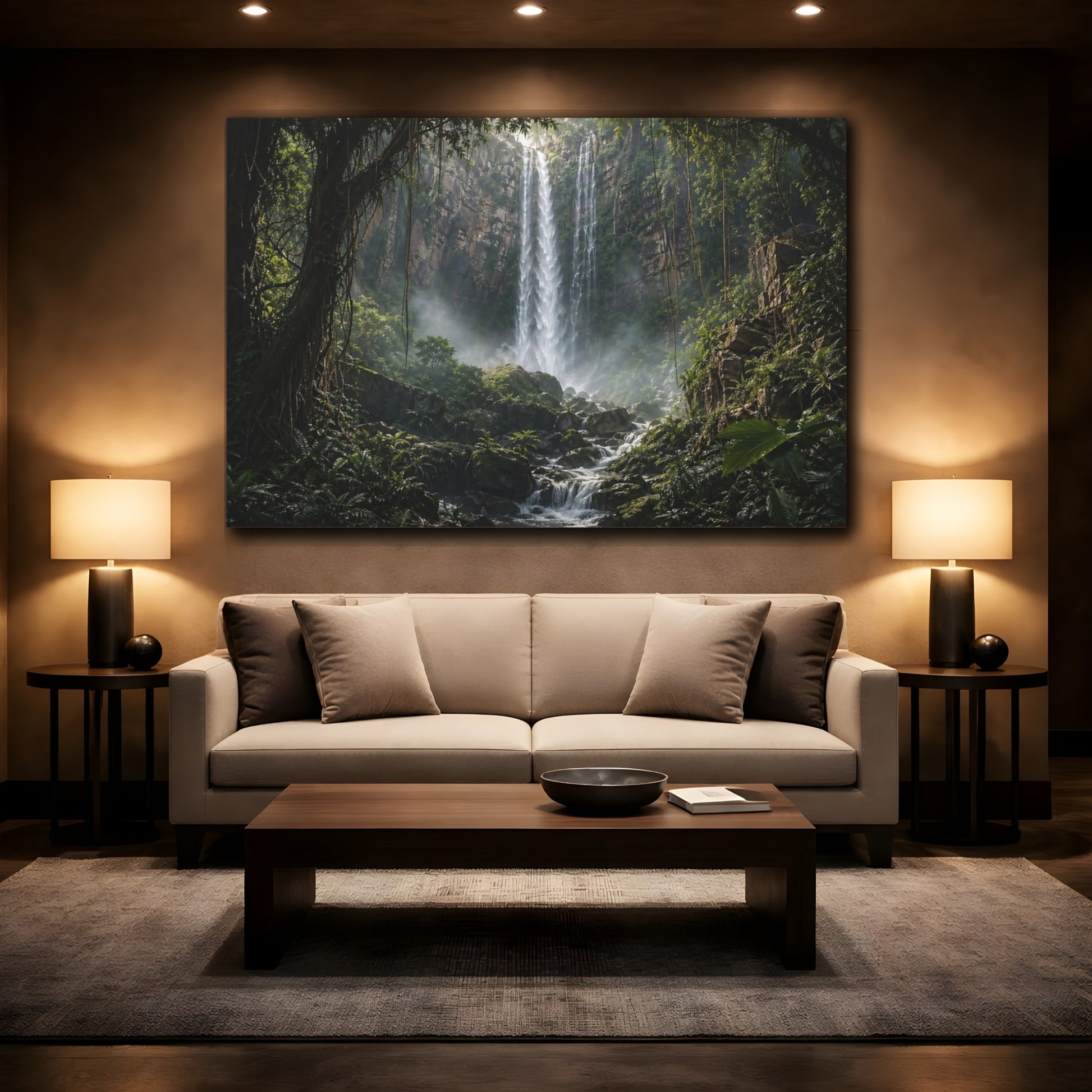 Mockup 2. Nature Waterfall Green Waterfall Jungle shown as stretched canvas wall art