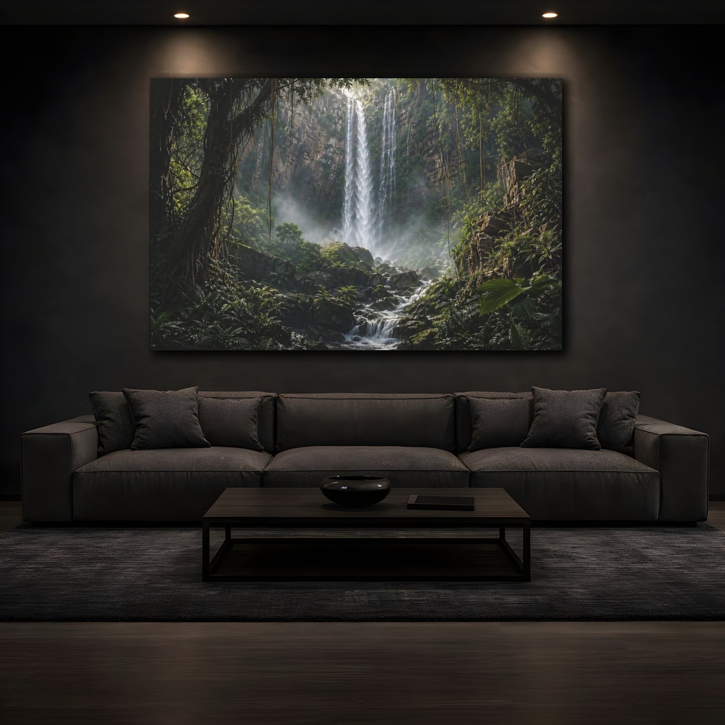 Mockup 3. Nature Waterfall Green Waterfall Jungle shown as stretched canvas wall art