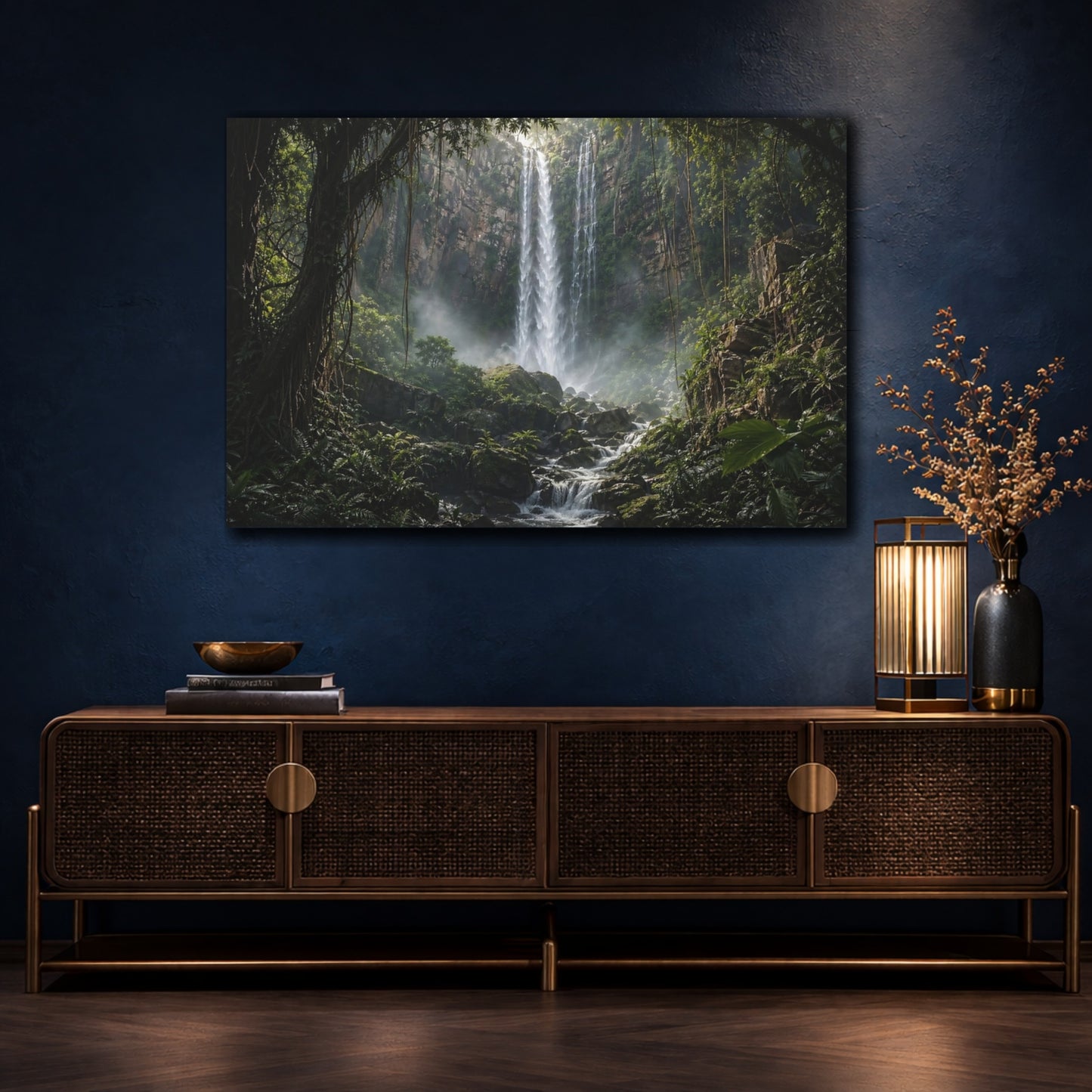Mockup 4. Nature Waterfall Green Waterfall Jungle shown as stretched canvas wall art