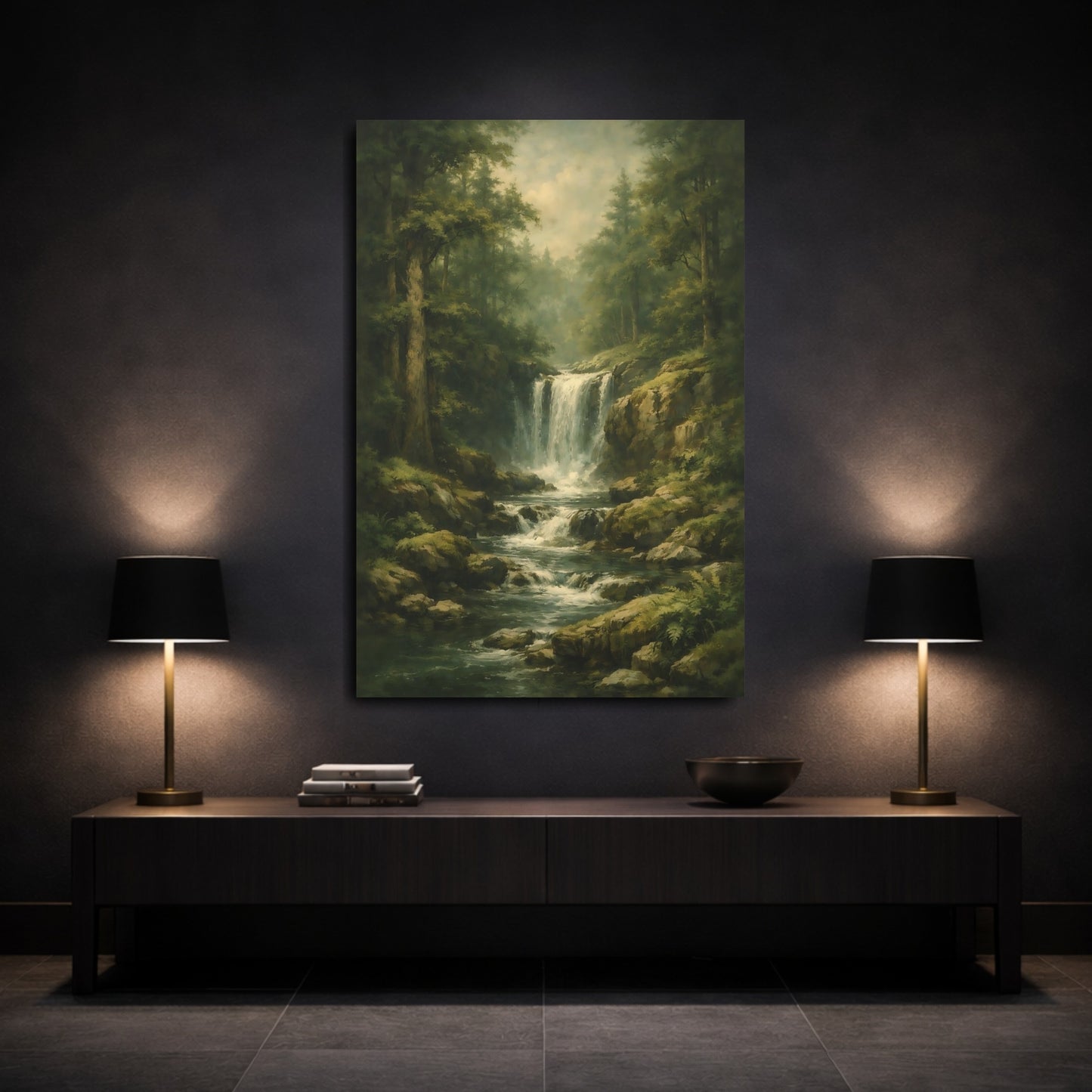 Mockup 2. Nature Waterfall Green Waterfall shown as stretched canvas wall art