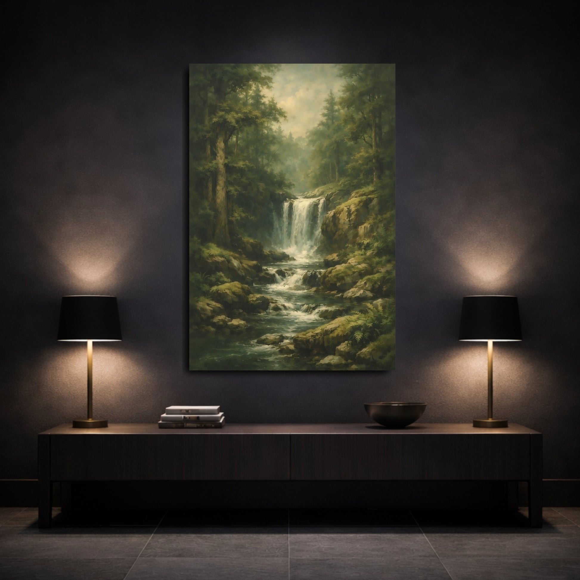 Mockup 2. Nature Waterfall Green Waterfall shown as stretched canvas wall art