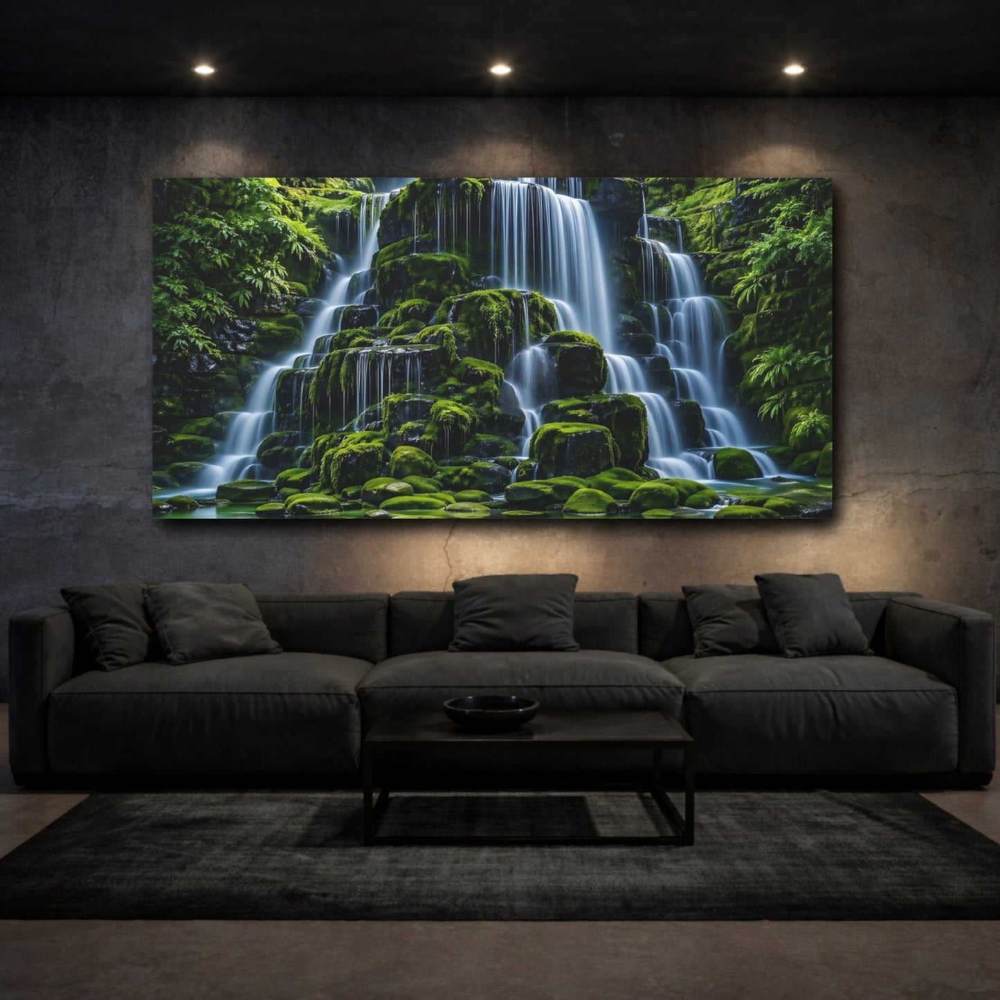 Mockup 2. Nature Waterfall Green Waterfall shown as stretched canvas wall art