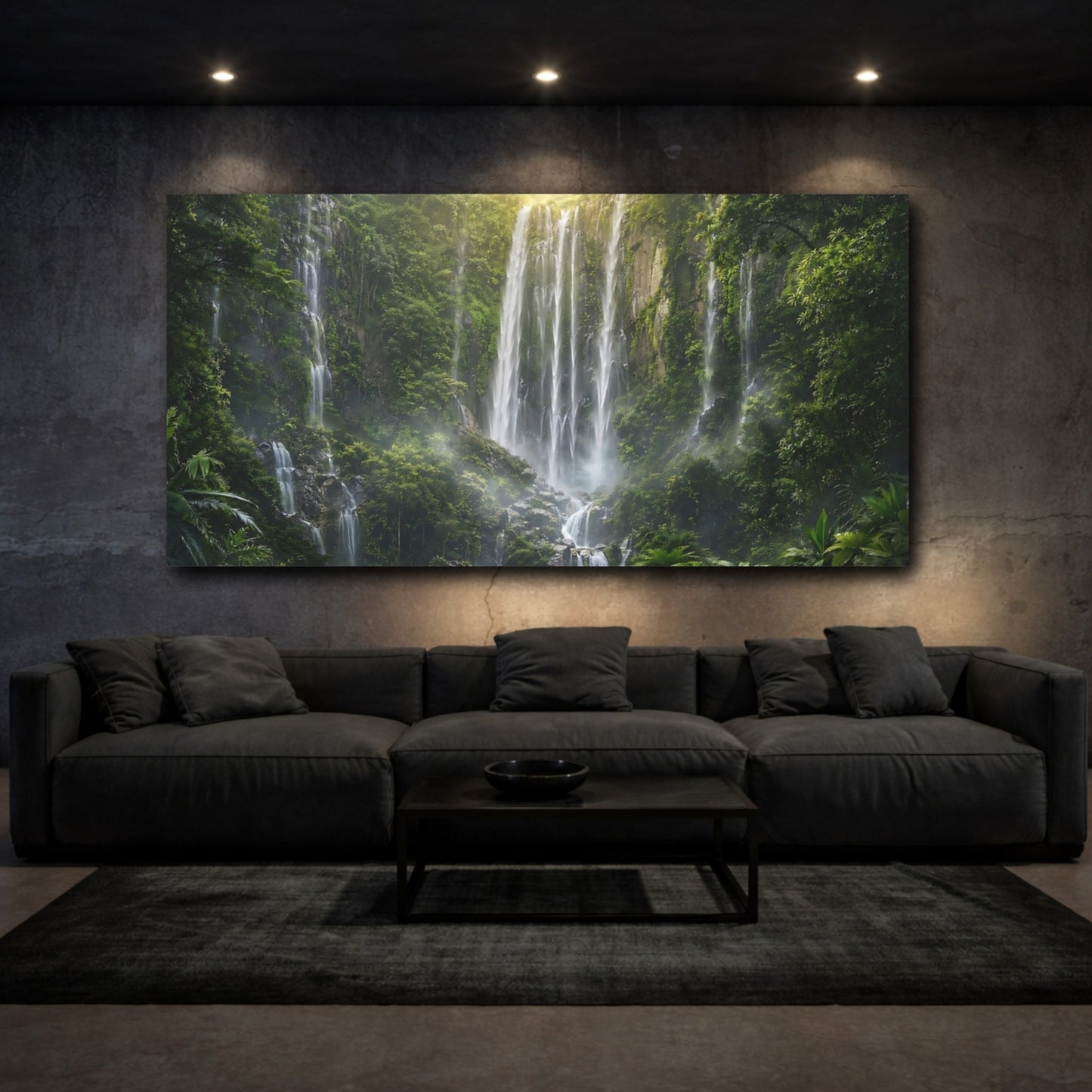 Mockup 2. Nature Waterfall Green Waterfall shown as stretched canvas wall art