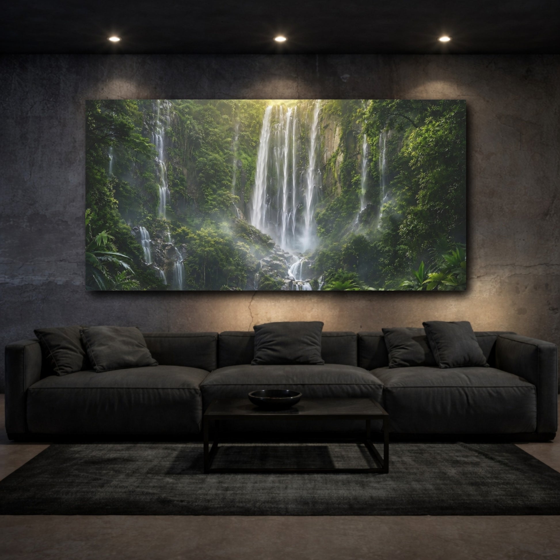 Mockup 2. Nature Waterfall Green Waterfall shown as stretched canvas wall art