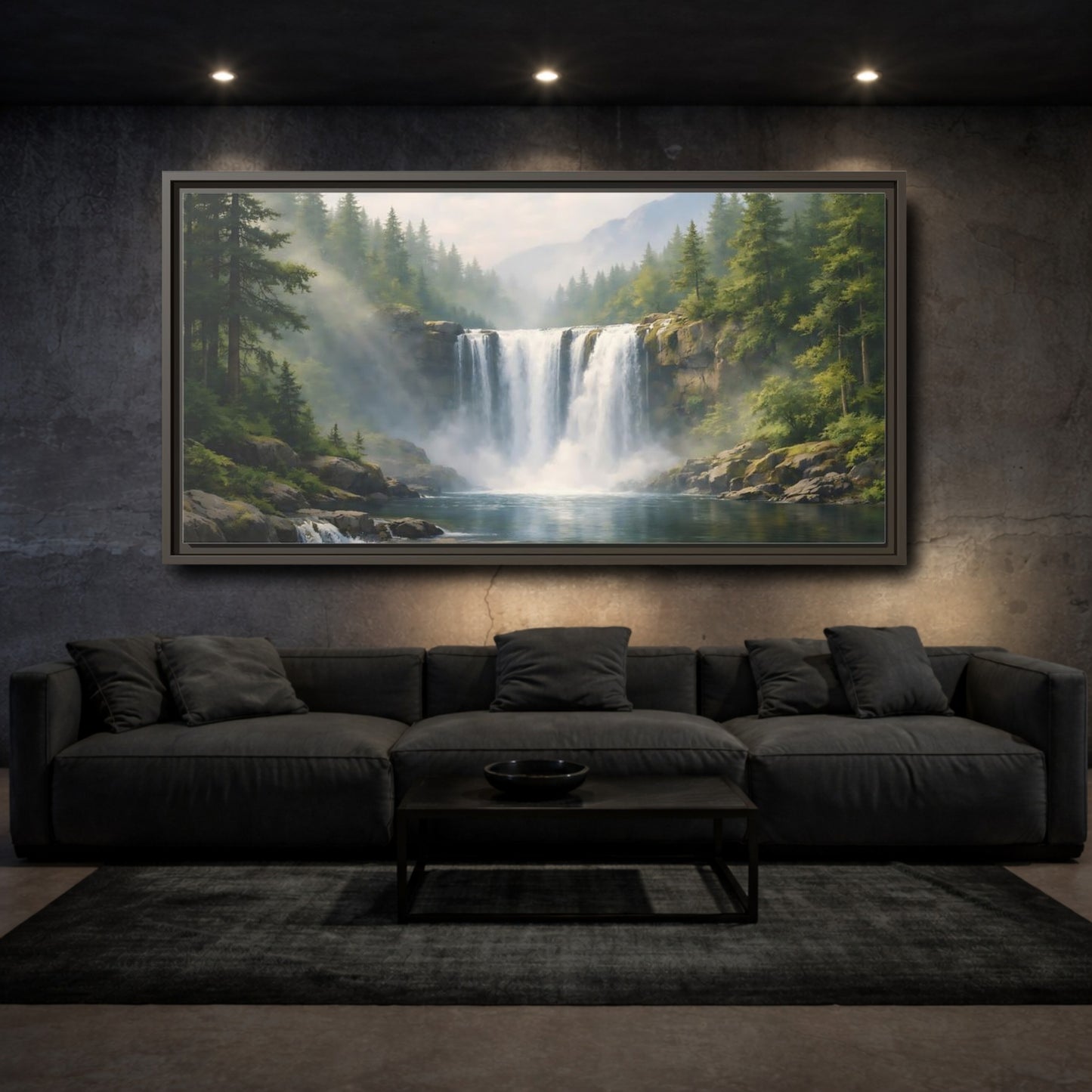 Mockup 2. Nature Waterfall Green Waterfall shown as stretched canvas wall art