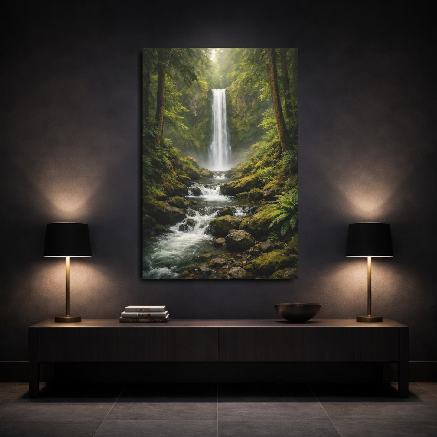 Mockup 2. Nature Waterfall Green Waterfall shown as stretched canvas wall art