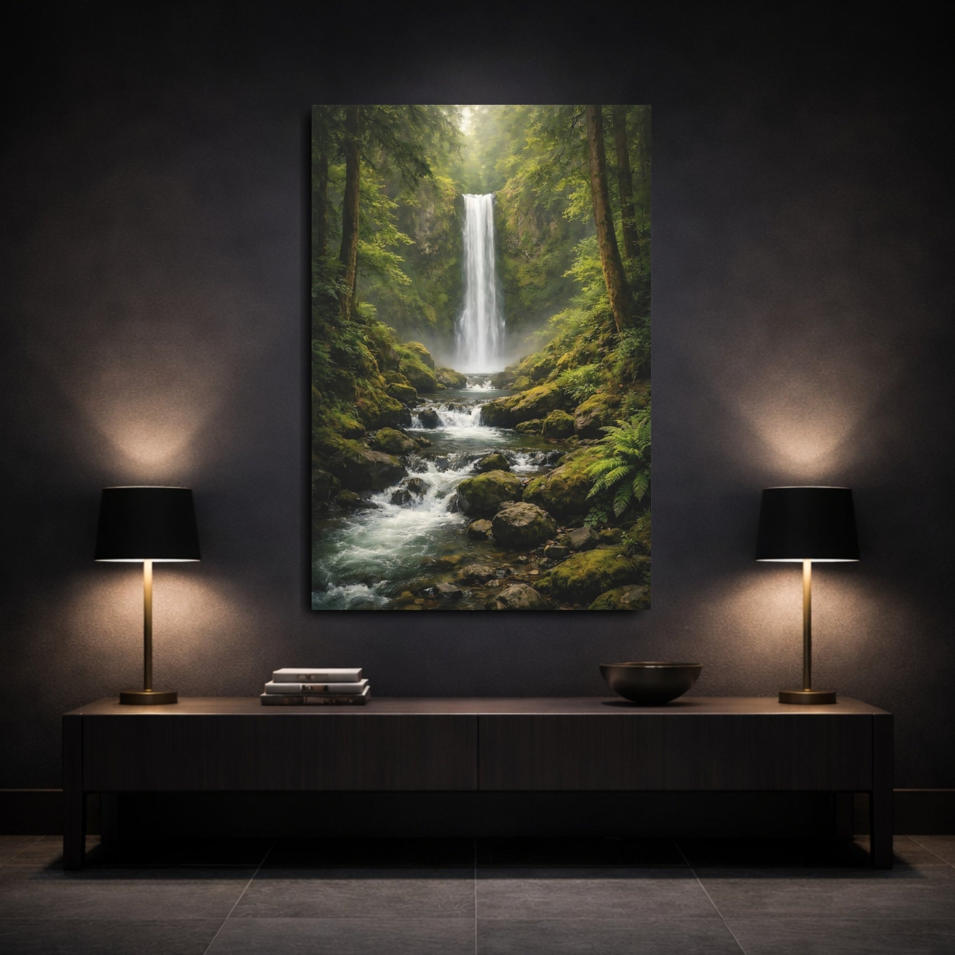 Mockup 2. Nature Waterfall Green Waterfall shown as stretched canvas wall art