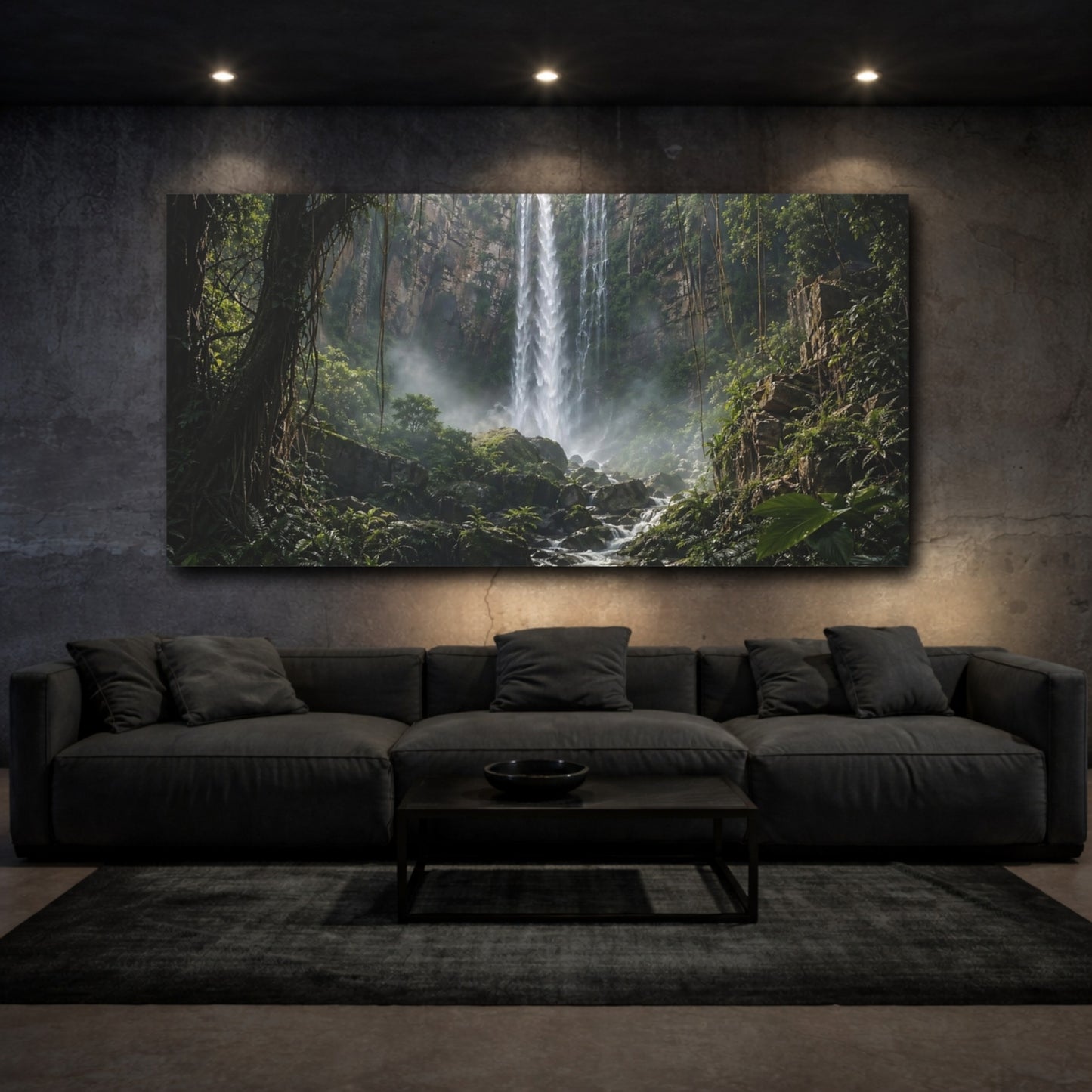 Mockup 2. Nature Waterfall Green Waterfall shown as stretched canvas wall art