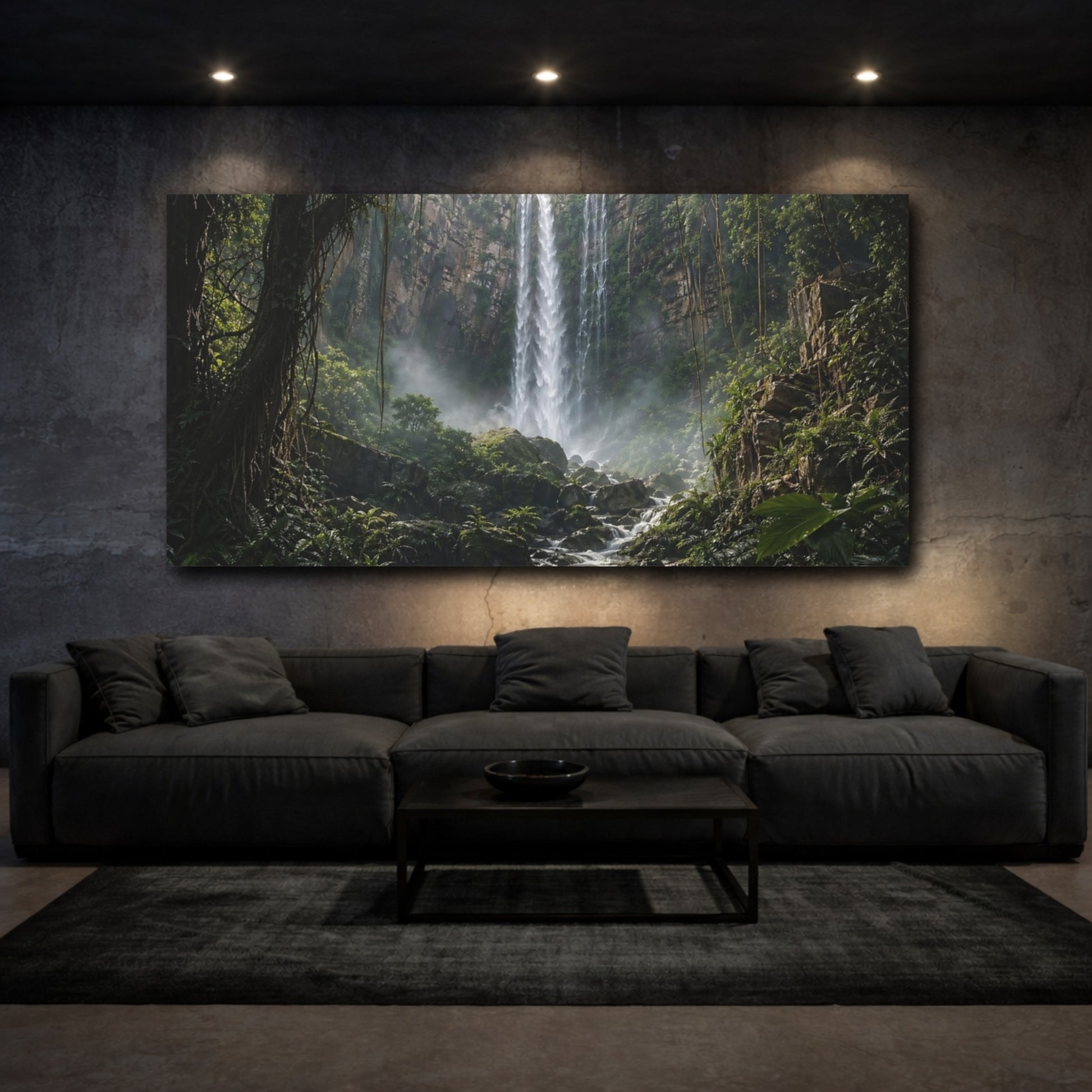 Mockup 2. Nature Waterfall Green Waterfall shown as stretched canvas wall art