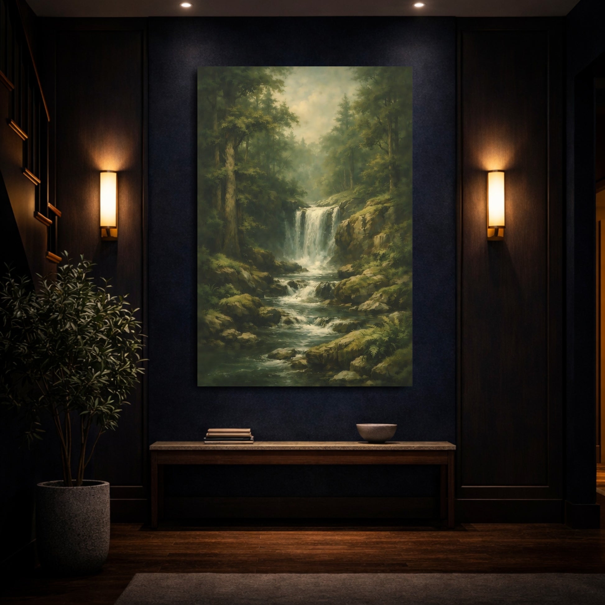 Mockup 3. Nature Waterfall Green Waterfall shown as stretched canvas wall art