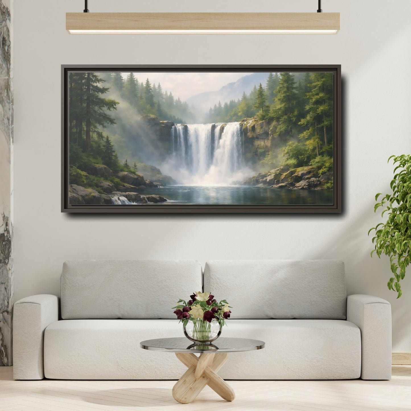 Mockup 3. Nature Waterfall Green Waterfall shown as stretched canvas wall art