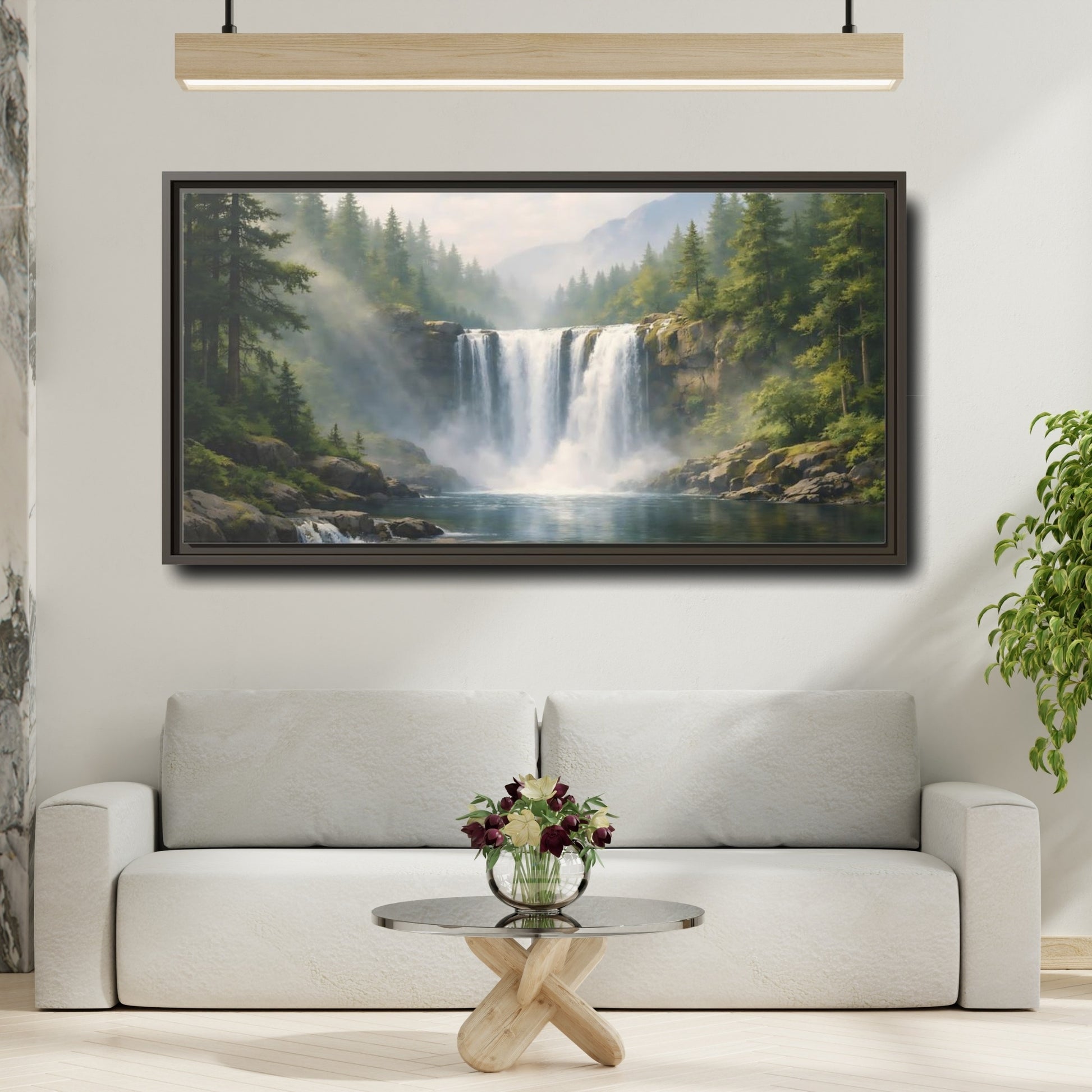 Mockup 3. Nature Waterfall Green Waterfall shown as stretched canvas wall art