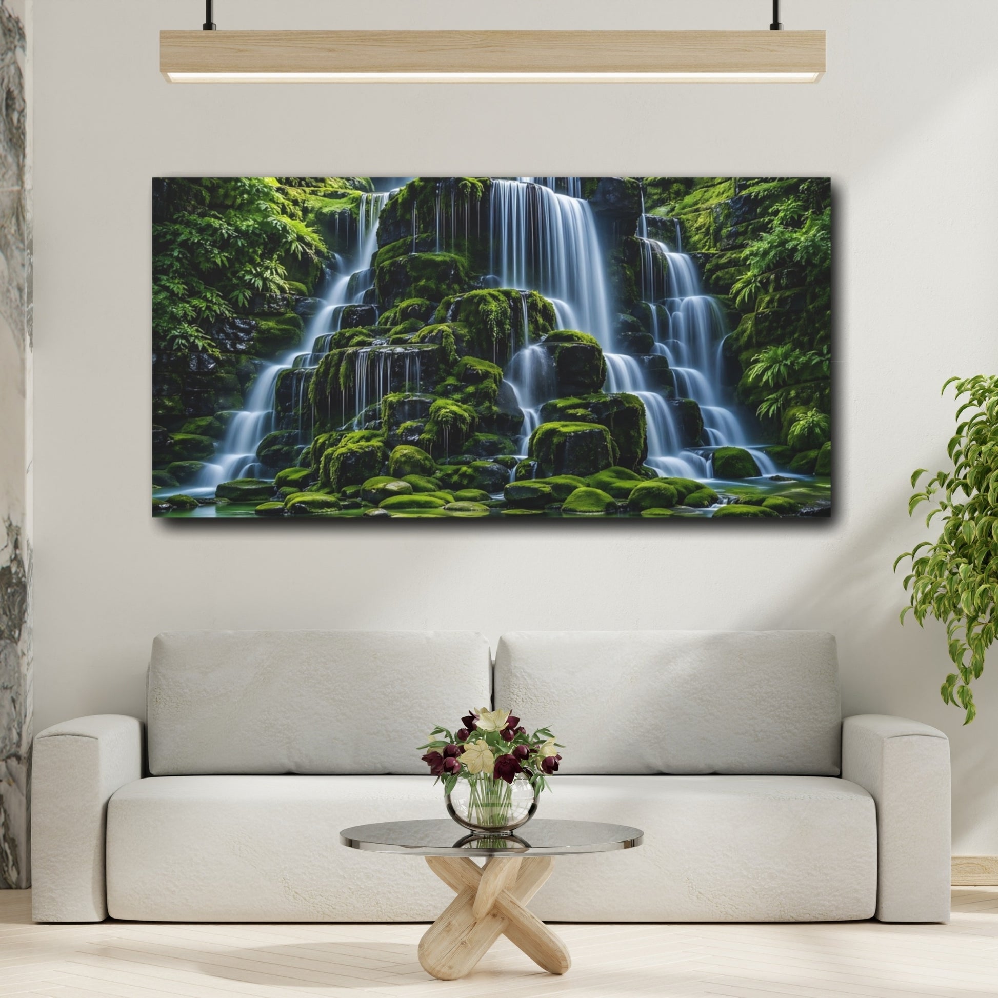 Mockup 3. Nature Waterfall Green Waterfall shown as stretched canvas wall art