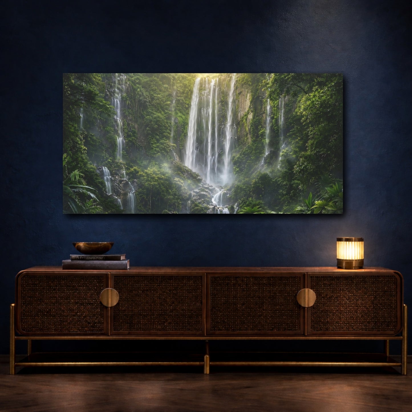 Mockup 3. Nature Waterfall Green Waterfall shown as stretched canvas wall art