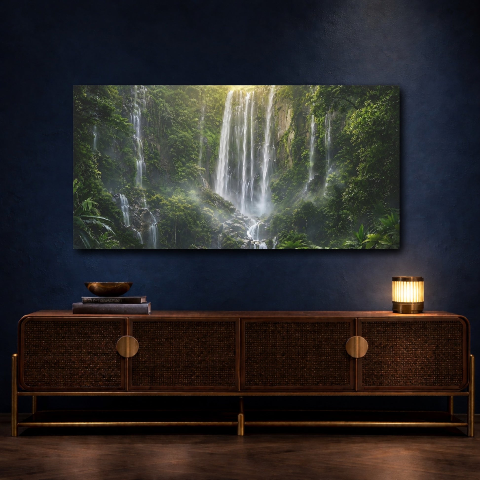 Mockup 3. Nature Waterfall Green Waterfall shown as stretched canvas wall art
