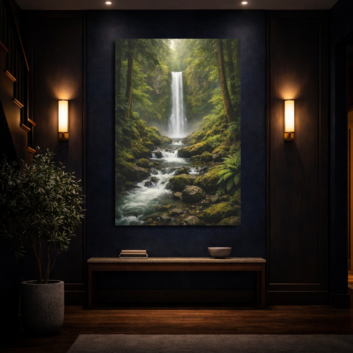 Mockup 3. Nature Waterfall Green Waterfall shown as stretched canvas wall art