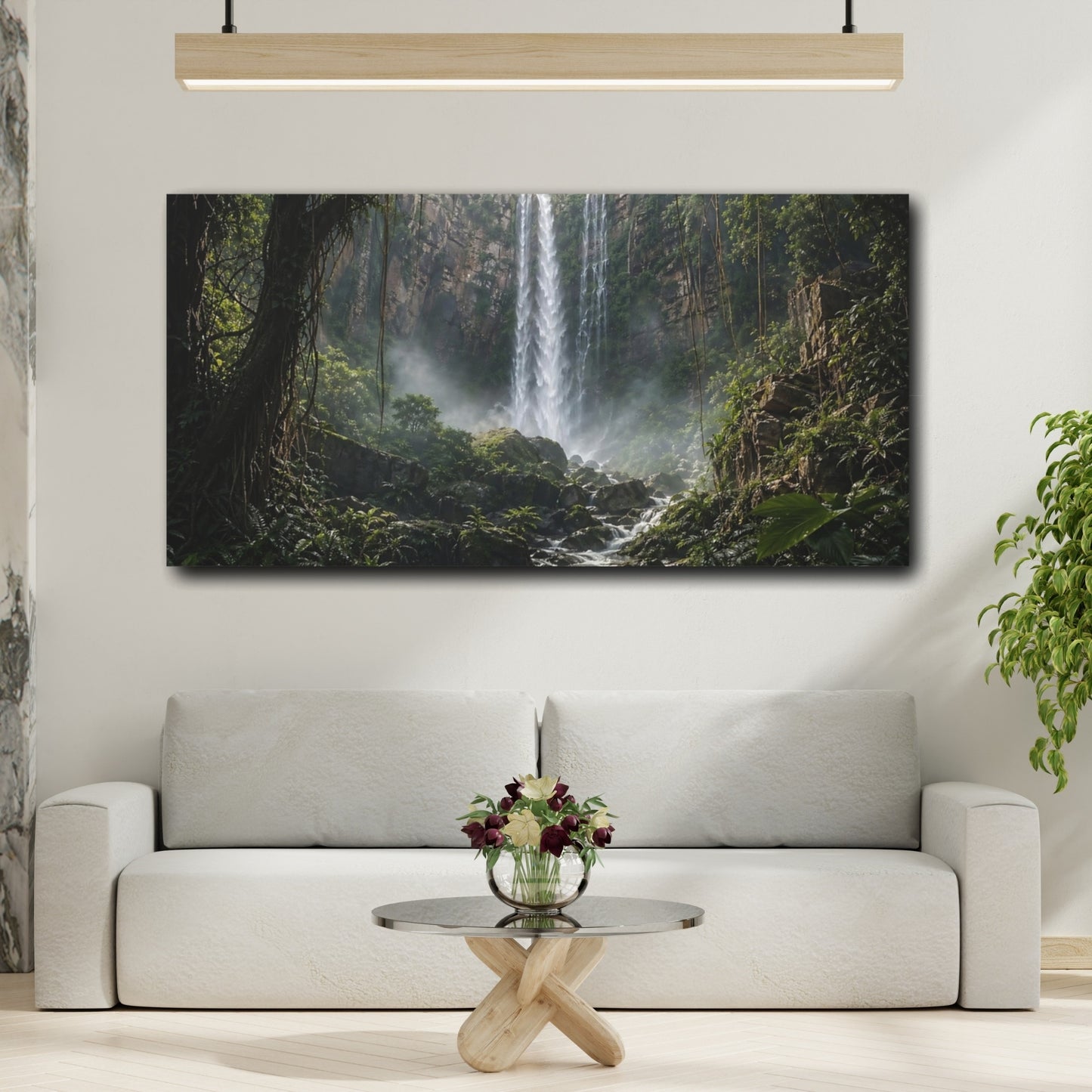 Mockup 3. Nature Waterfall Green Waterfall shown as stretched canvas wall art