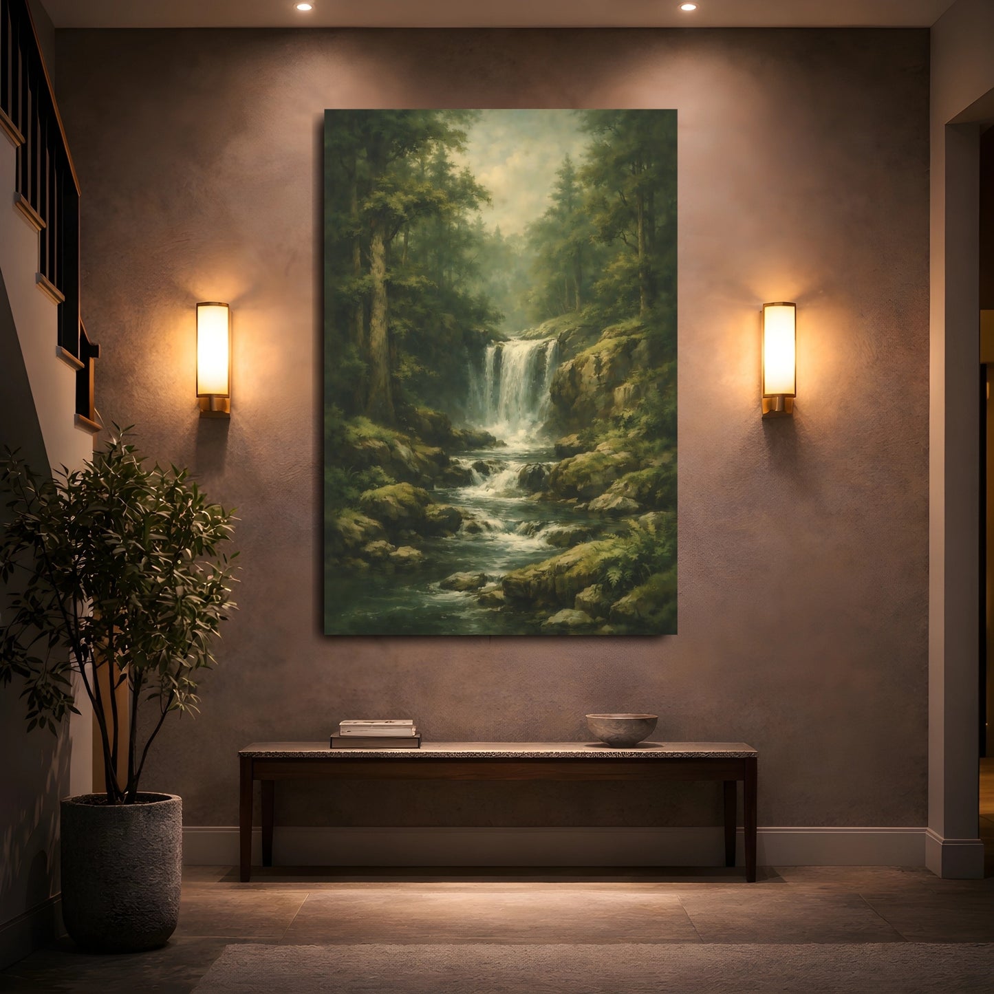Mockup 4. Nature Waterfall Green Waterfall shown as stretched canvas wall art