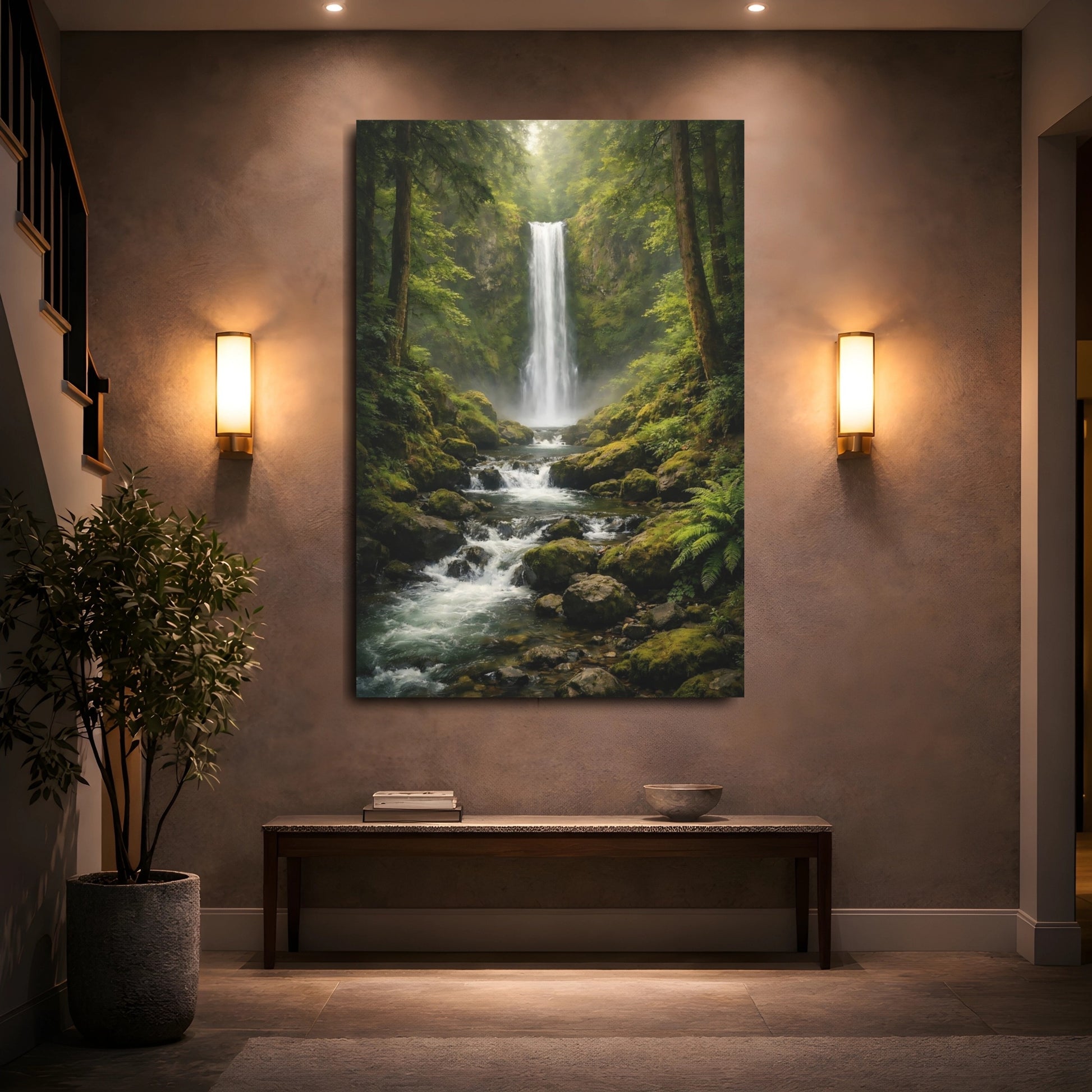 Mockup 4. Nature Waterfall Green Waterfall shown as stretched canvas wall art