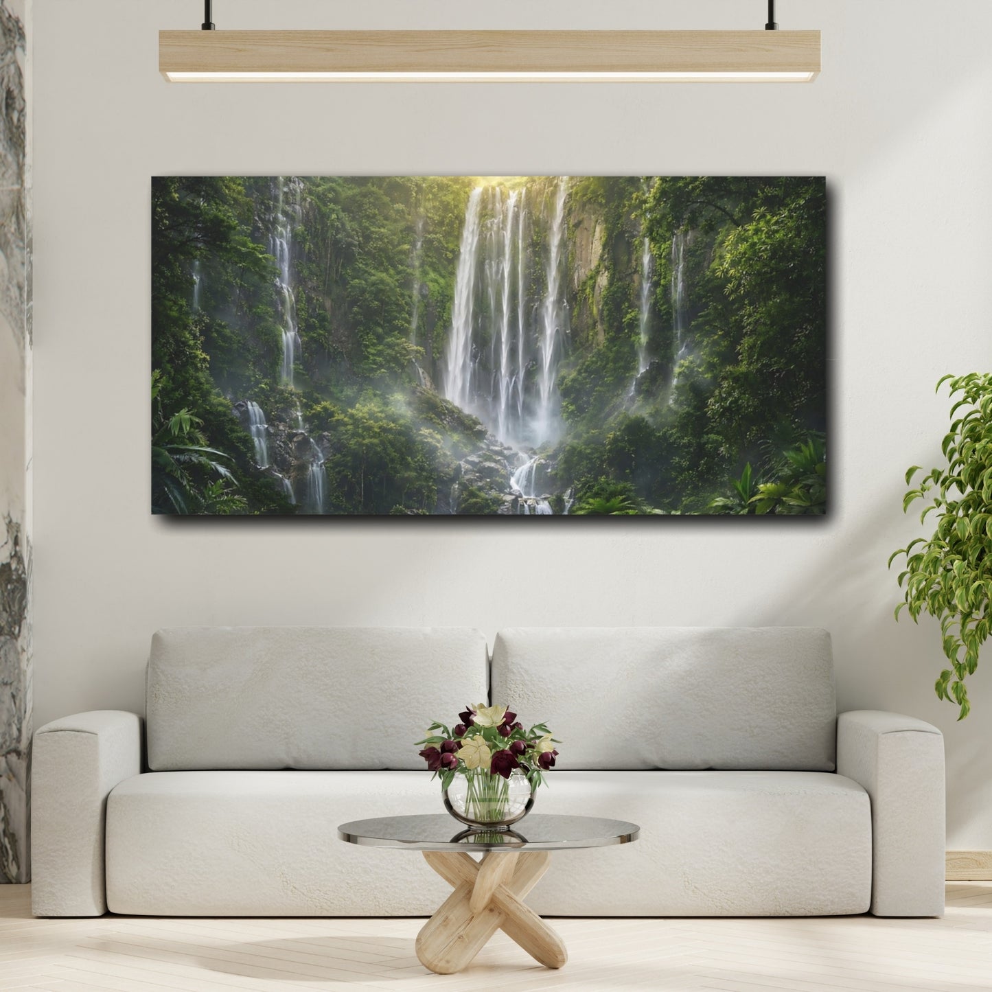 Mockup 4. Nature Waterfall Green Waterfall shown as stretched canvas wall art
