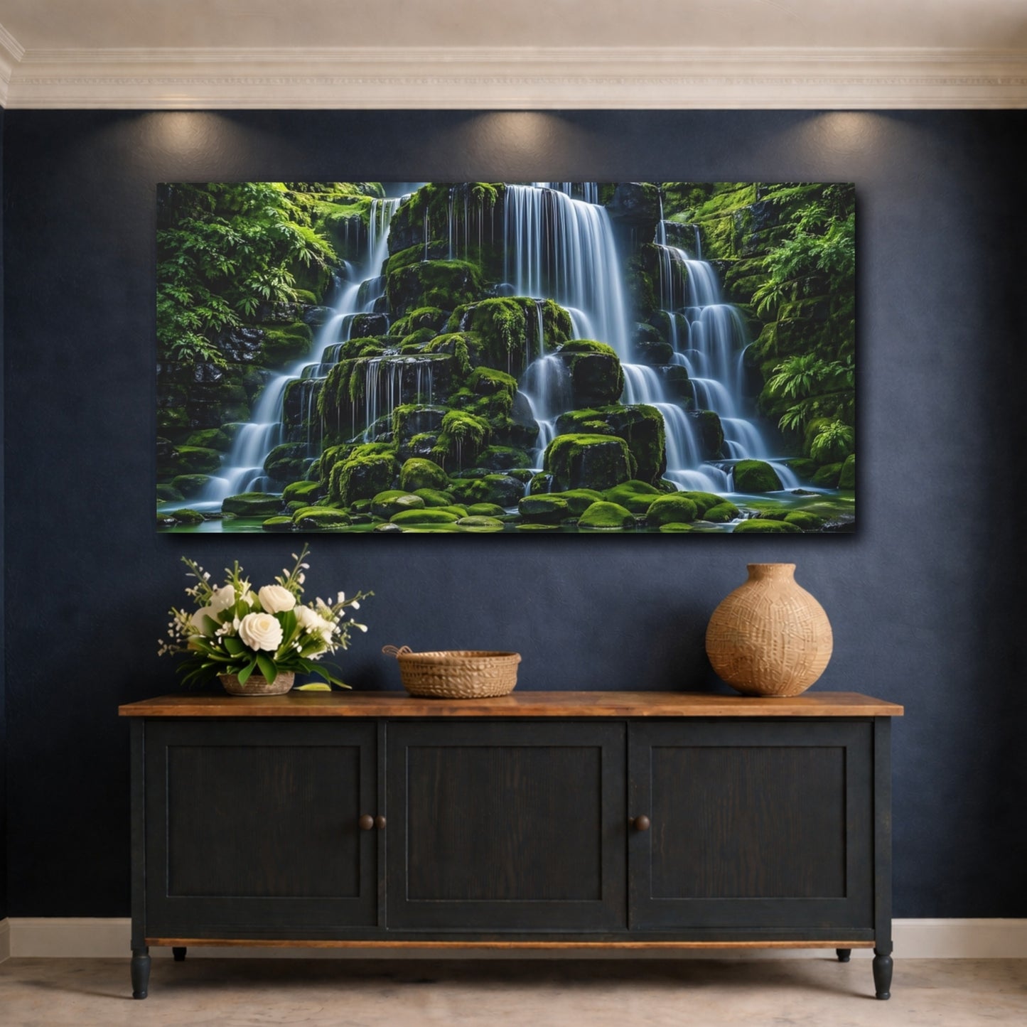 Mockup 4. Nature Waterfall Green Waterfall shown as stretched canvas wall art
