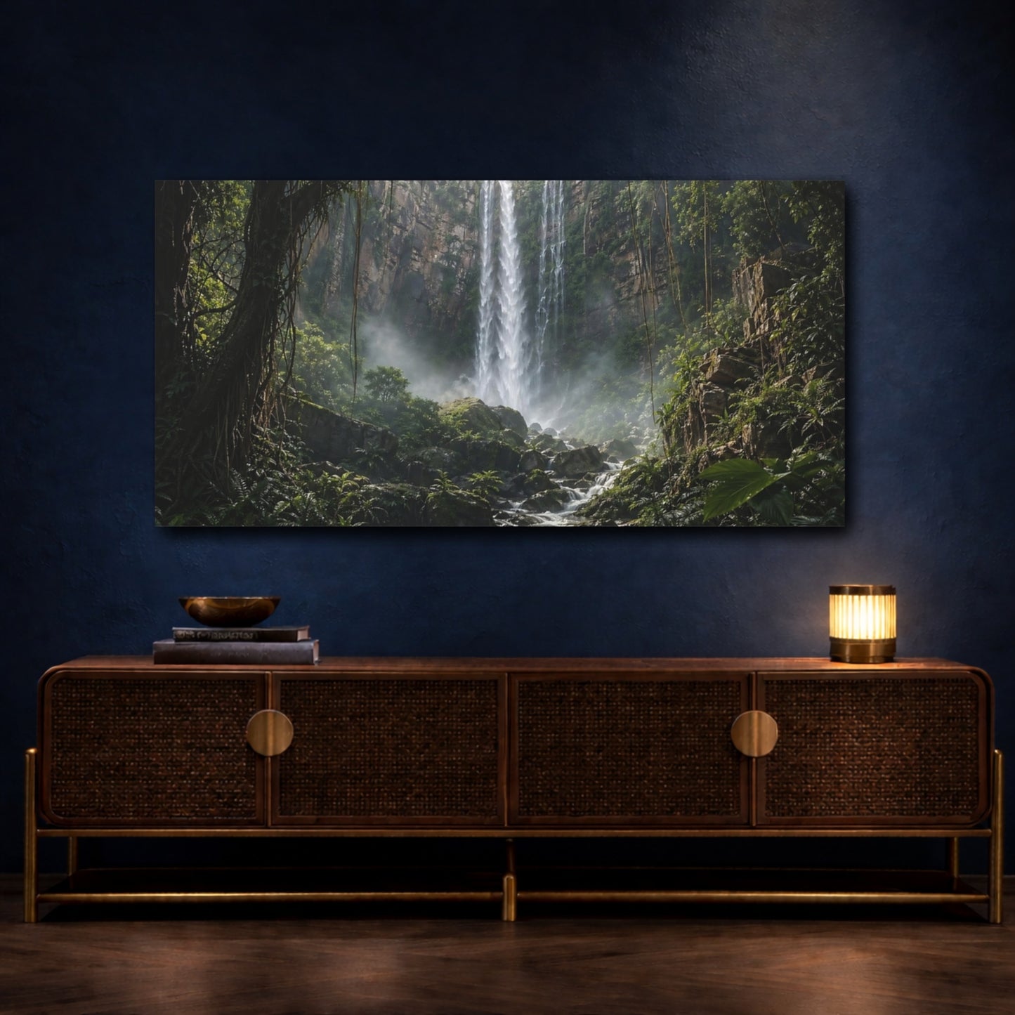 Mockup 4. Nature Waterfall Green Waterfall shown as stretched canvas wall art