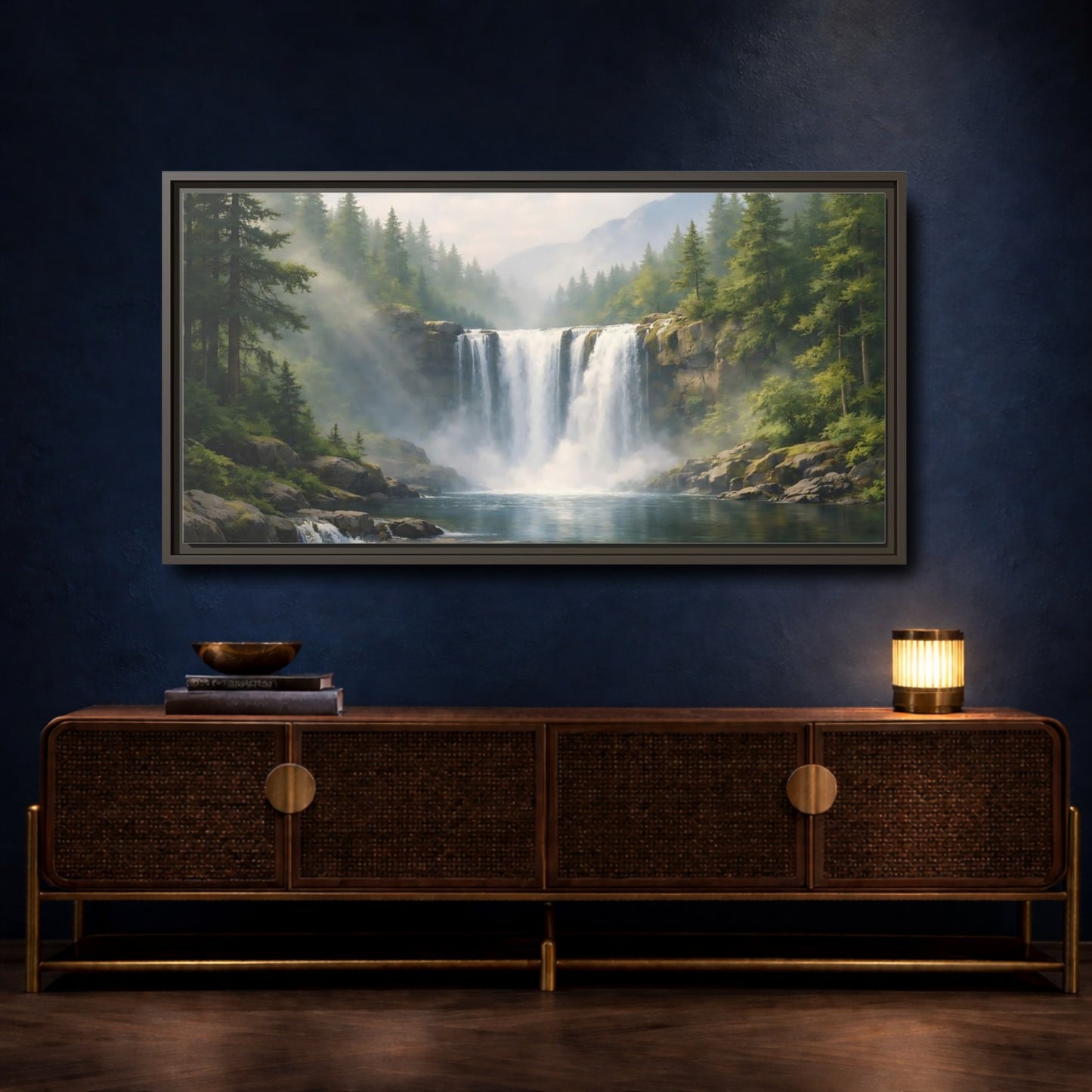 Mockup 4. Nature Waterfall Green Waterfall shown as stretched canvas wall art