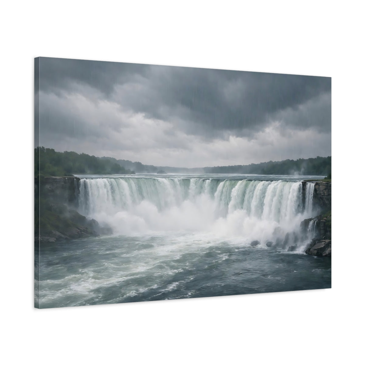 Main Mockup. Nature Waterfall Grey And Green shown as stretched canvas wall art