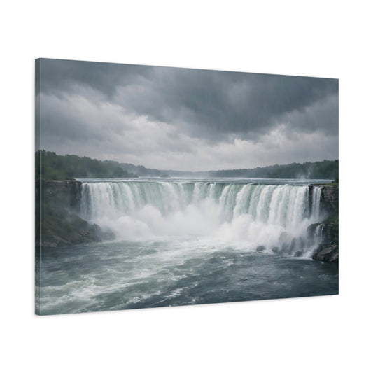 Main Mockup. Nature Waterfall Grey And Green shown as stretched canvas wall art