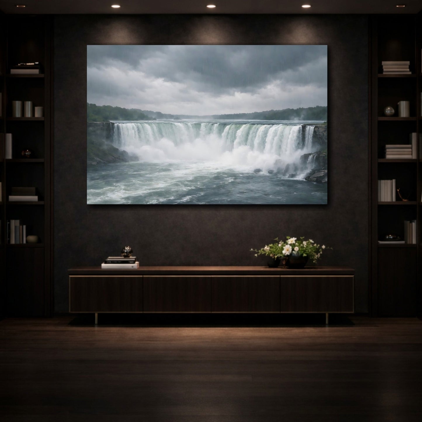 Nature Waterfall Grey And Green - Canvas Wall Art Print - YesArtYes