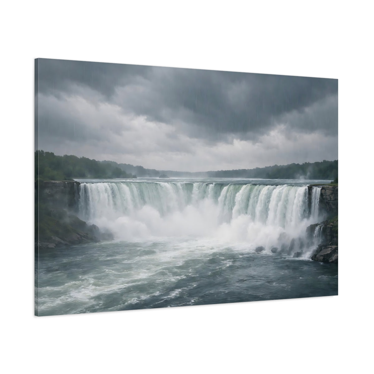 Side Mockup 1. Nature Waterfall Grey And Green shown as stretched canvas wall art