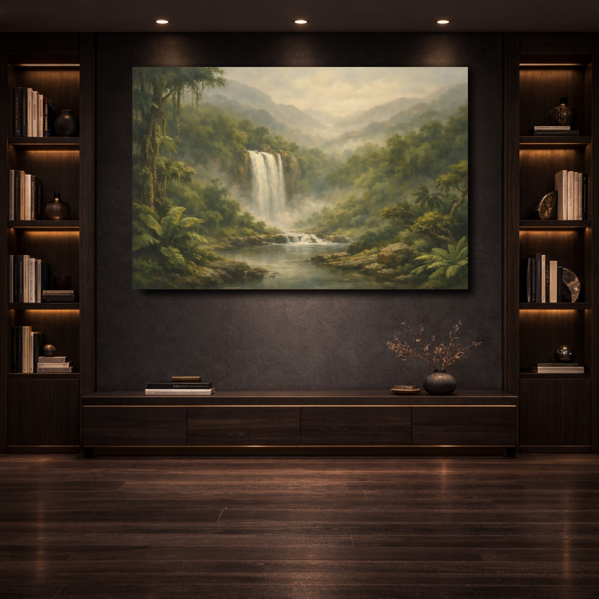 Mockup 3. Nature Waterfall Jungle Waterfall Landscape shown as stretched canvas wall art