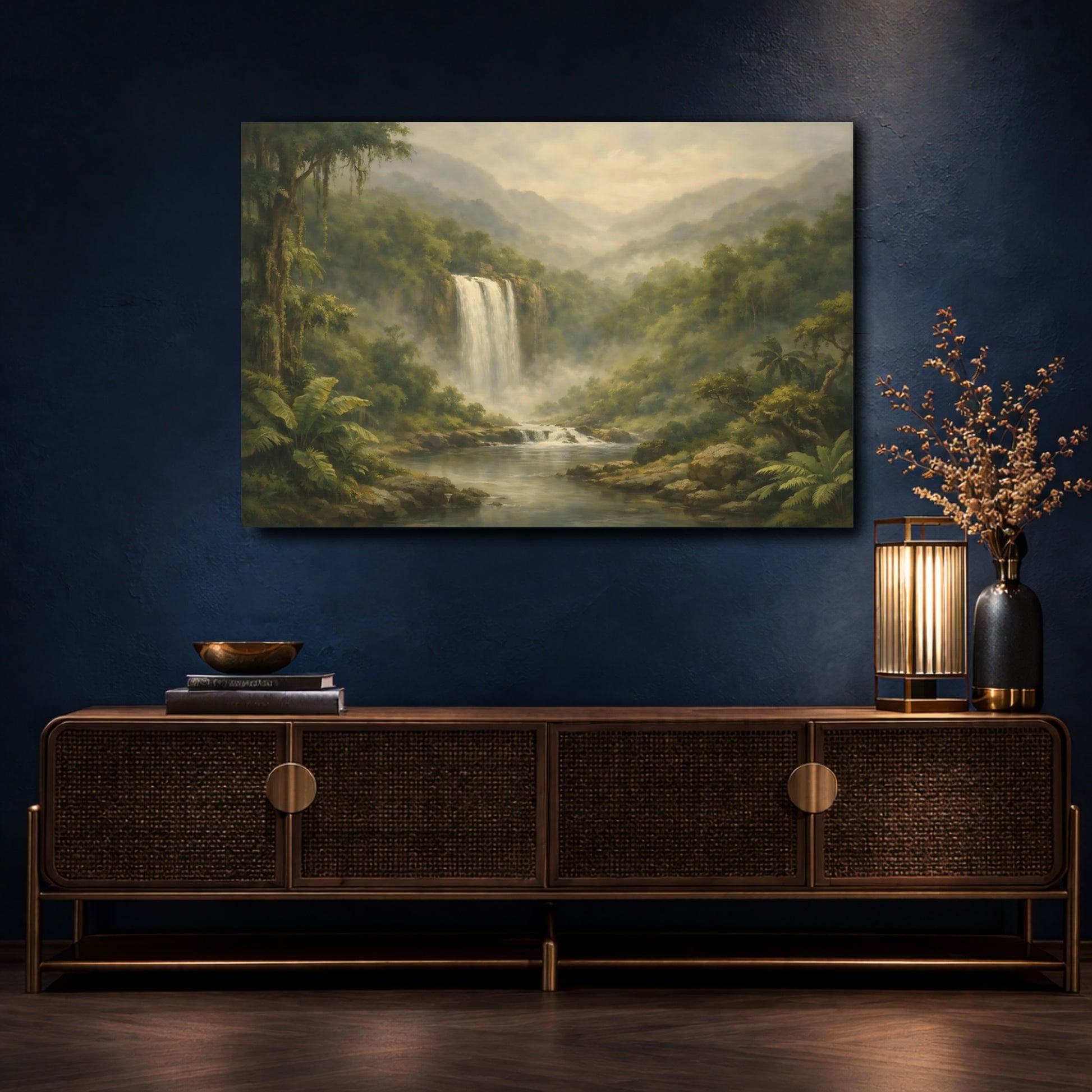 Mockup 4. Nature Waterfall Jungle Waterfall Landscape shown as stretched canvas wall art