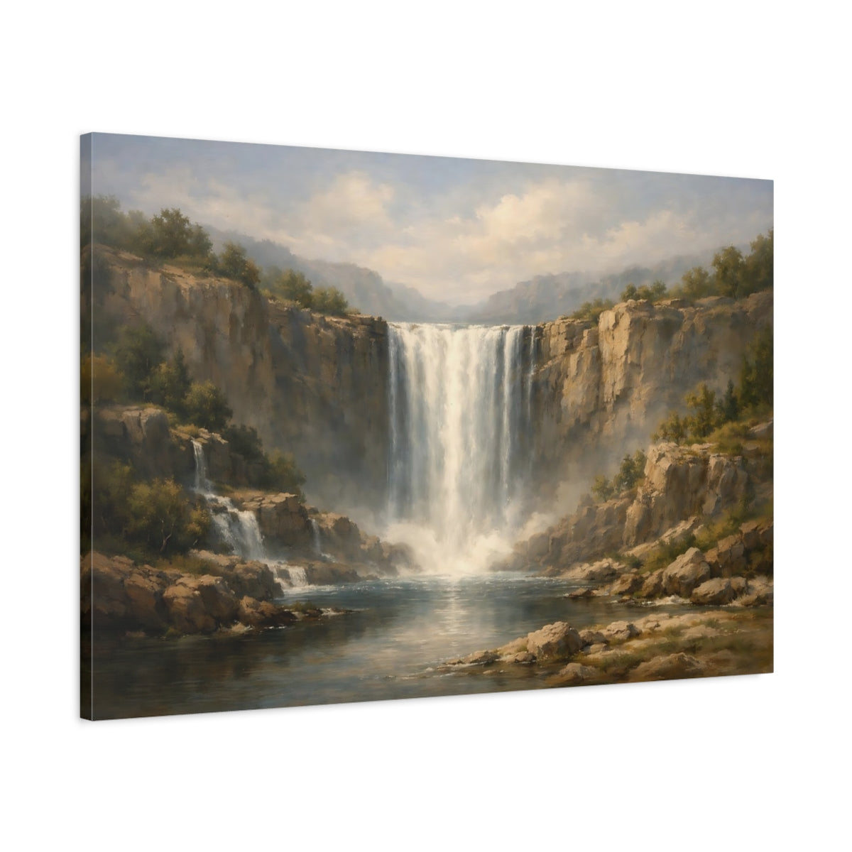 Side Mockup 1. Nature Waterfall Misty Waterfall shown as stretched canvas wall art
