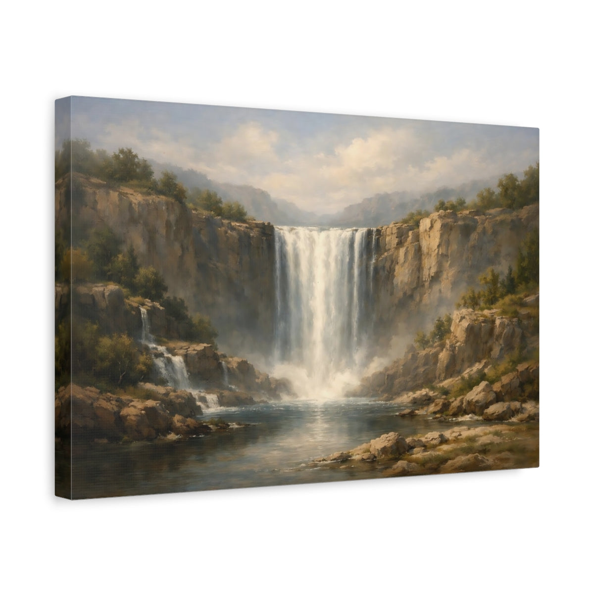 Side Mockup 4. Nature Waterfall Misty Waterfall shown as stretched canvas wall art