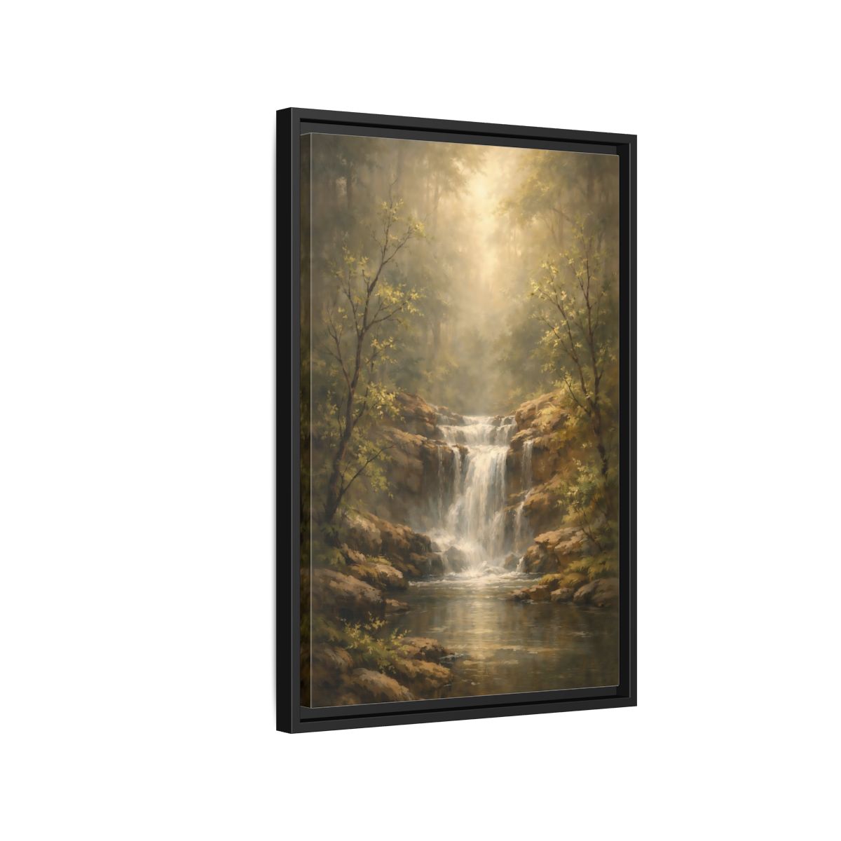 Side Mockup 3. Nature Waterfall Misty Forest shown as stretched canvas wall art