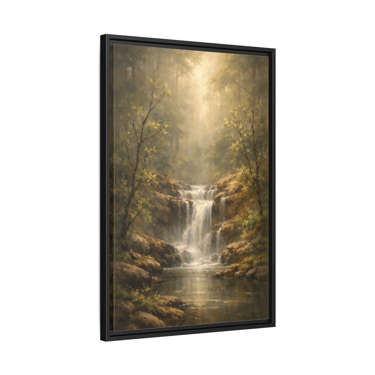 Side Mockup 14. Nature Waterfall Misty Forest shown as stretched canvas wall art