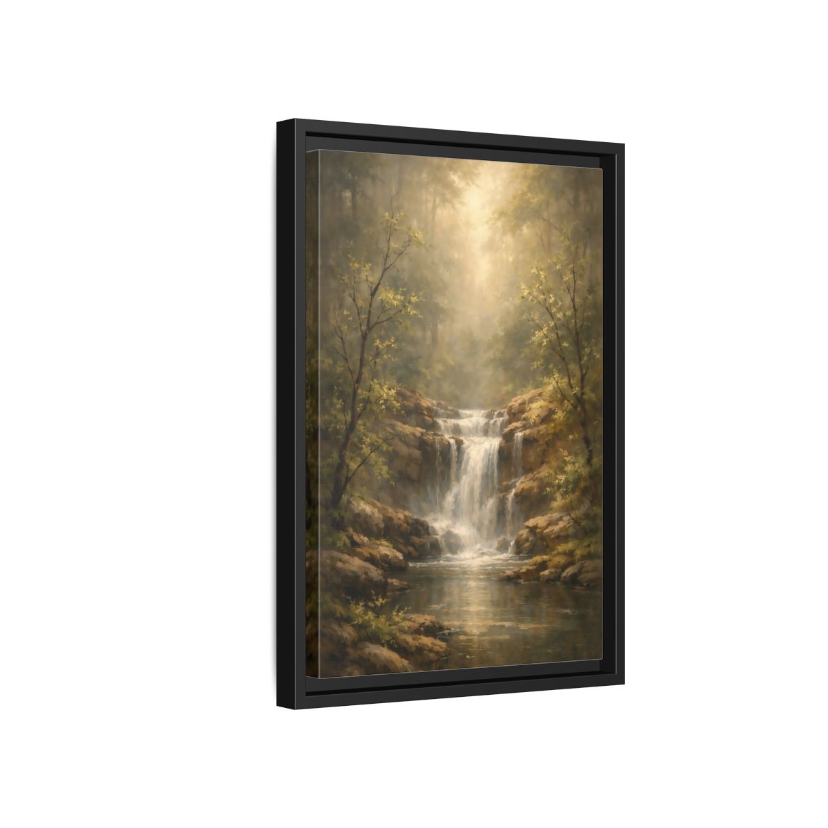 Side Mockup 6. Nature Waterfall Misty Forest shown as stretched canvas wall art