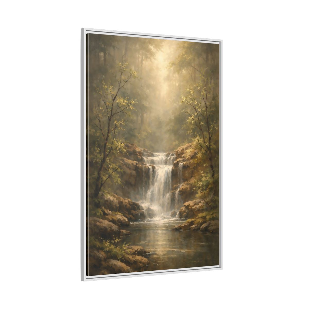 Side Mockup 7. Nature Waterfall Misty Forest shown as stretched canvas wall art