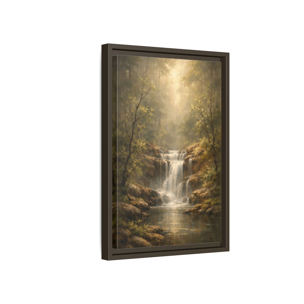 Side Mockup 5. Nature Waterfall Misty Forest shown as stretched canvas wall art