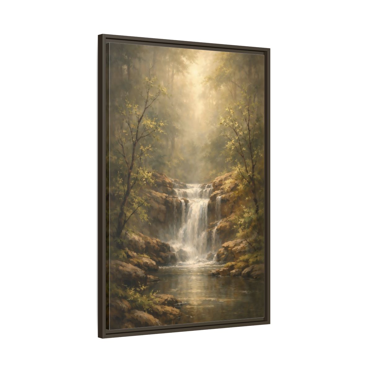 Side Mockup 10. Nature Waterfall Misty Forest shown as stretched canvas wall art
