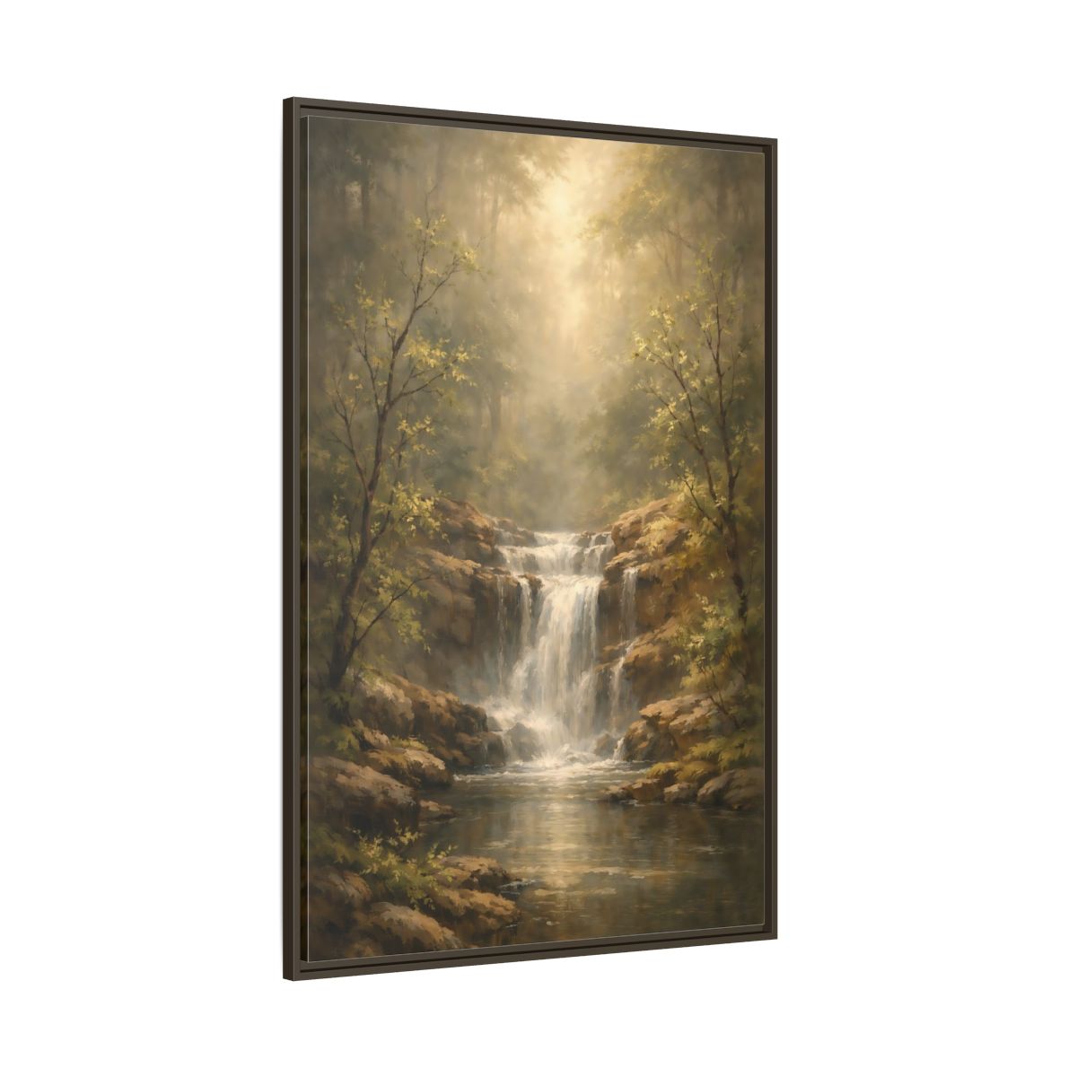 Side Mockup 8. Nature Waterfall Misty Forest shown as stretched canvas wall art