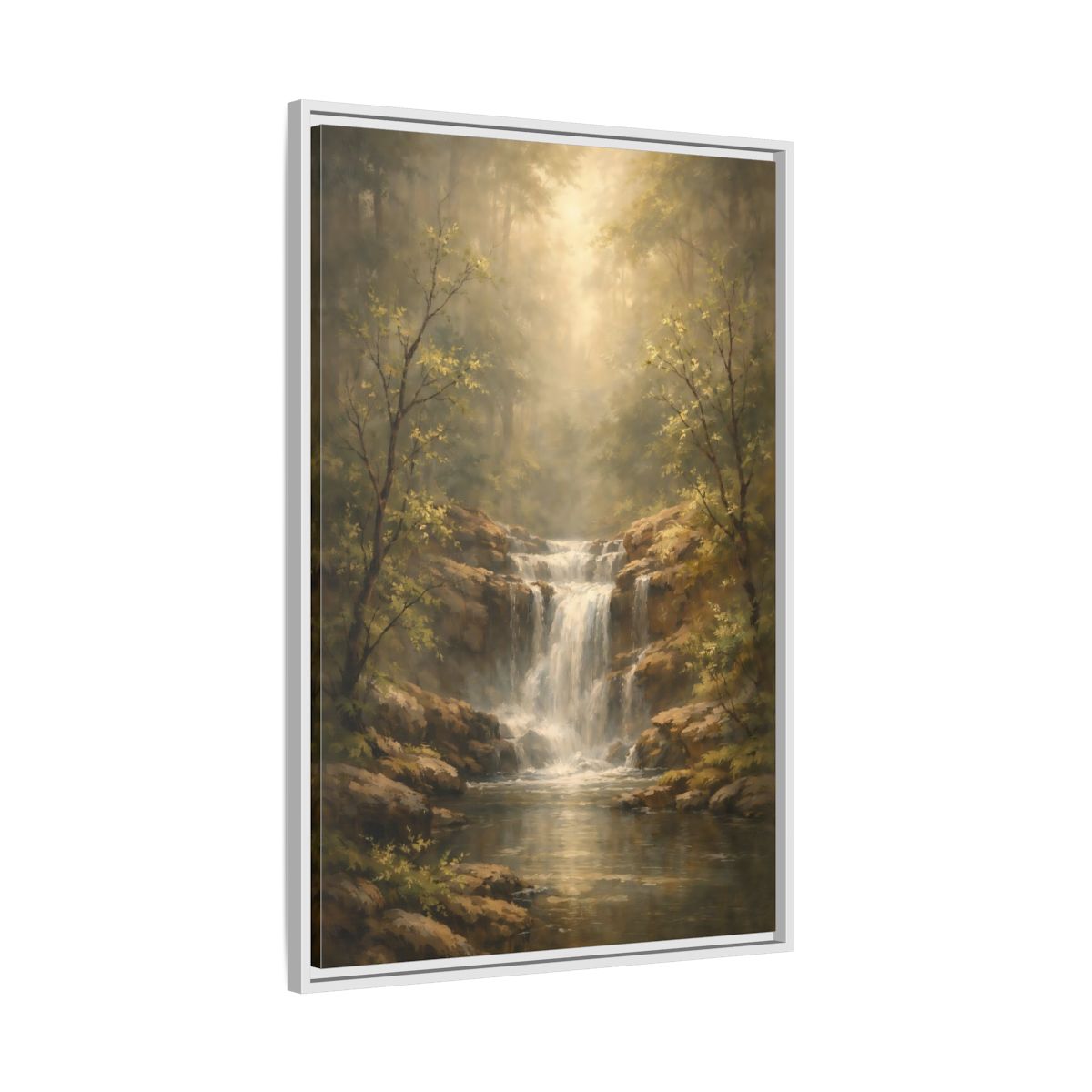 Side Mockup 9. Nature Waterfall Misty Forest shown as stretched canvas wall art
