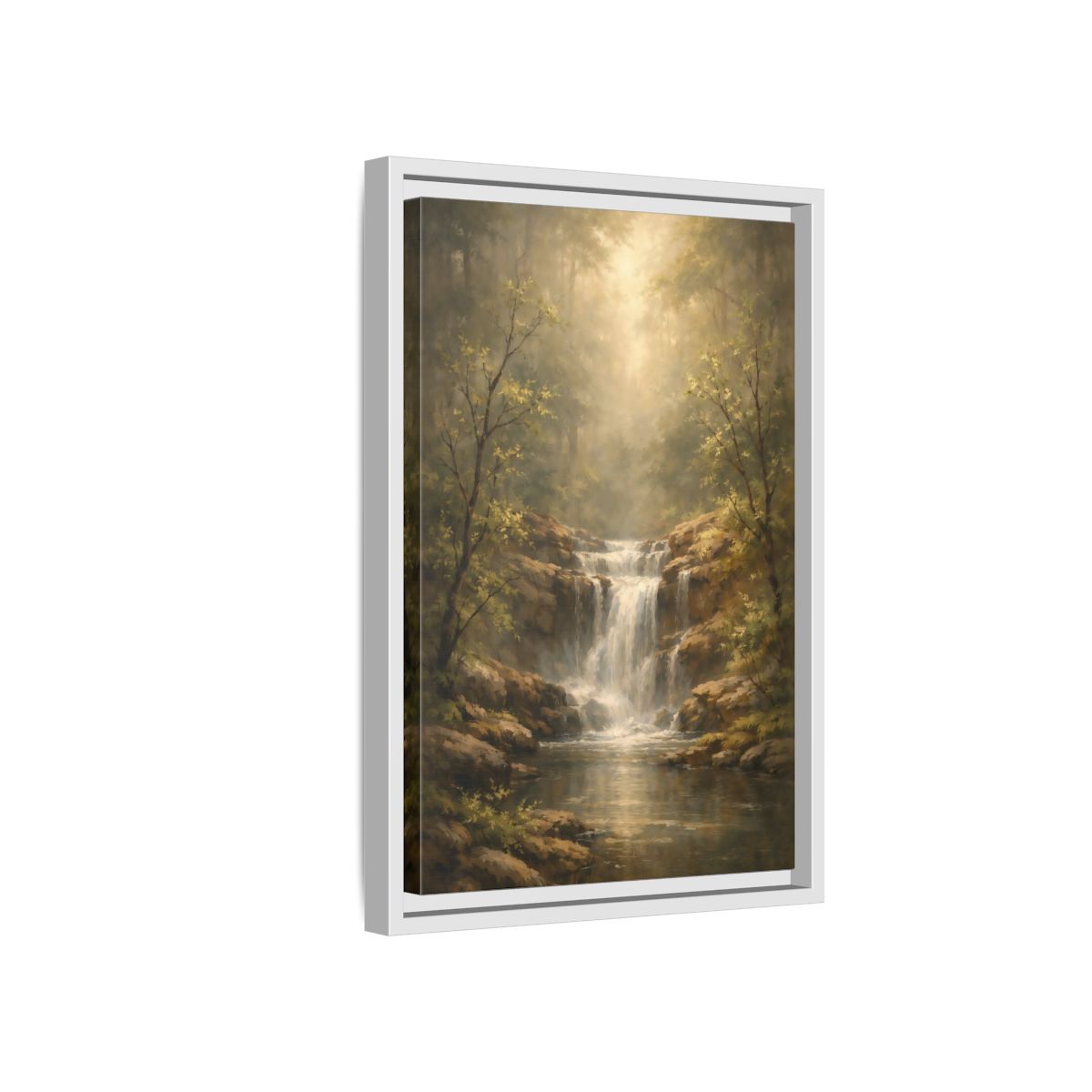 Side Mockup 4. Nature Waterfall Misty Forest shown as stretched canvas wall art