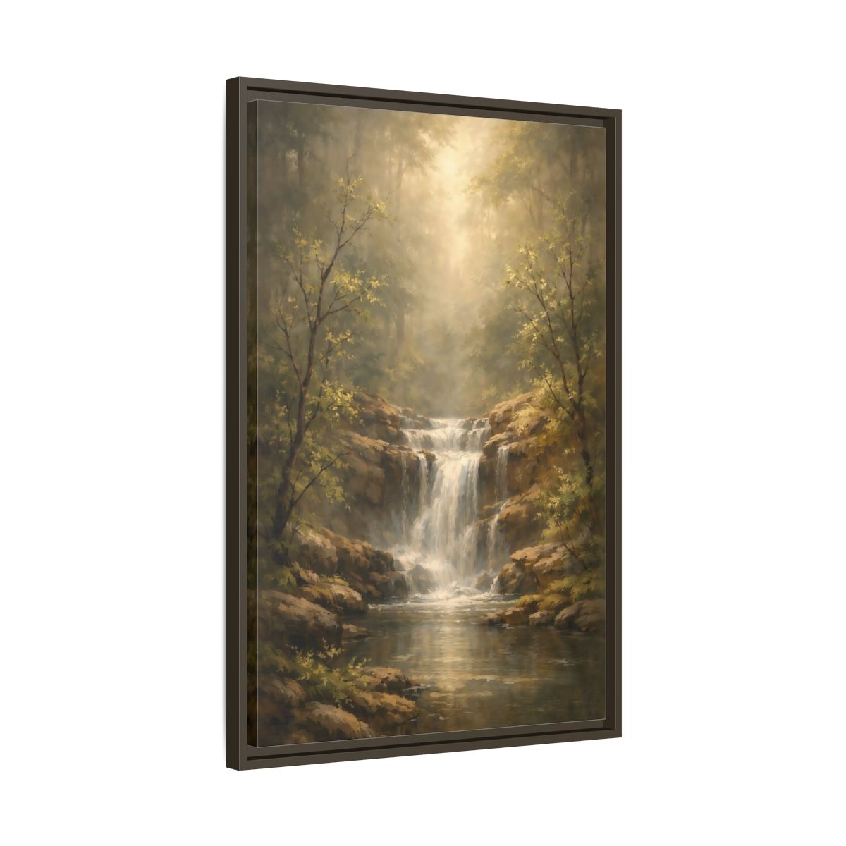 Side Mockup 12. Nature Waterfall Misty Forest shown as stretched canvas wall art