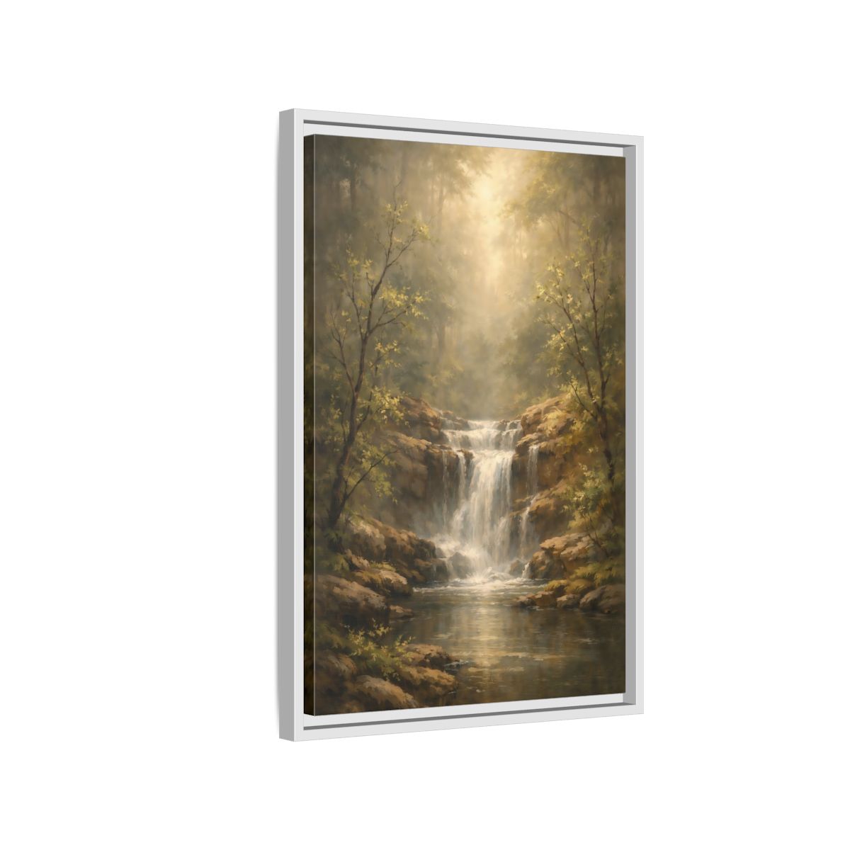 Side Mockup 1. Nature Waterfall Misty Forest shown as stretched canvas wall art