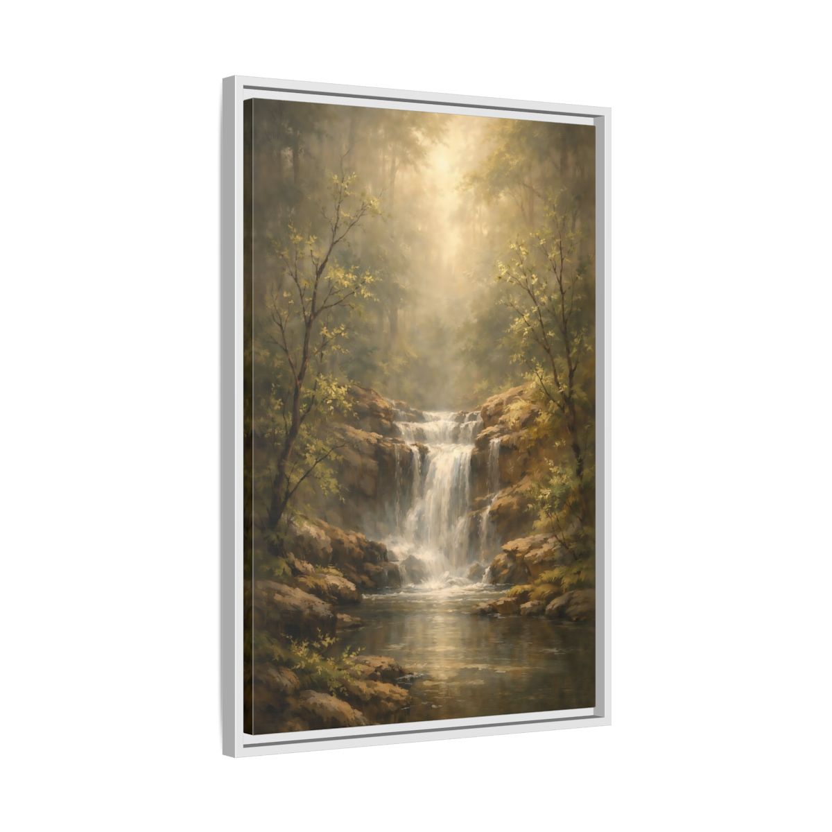 Side Mockup 11. Nature Waterfall Misty Forest shown as stretched canvas wall art